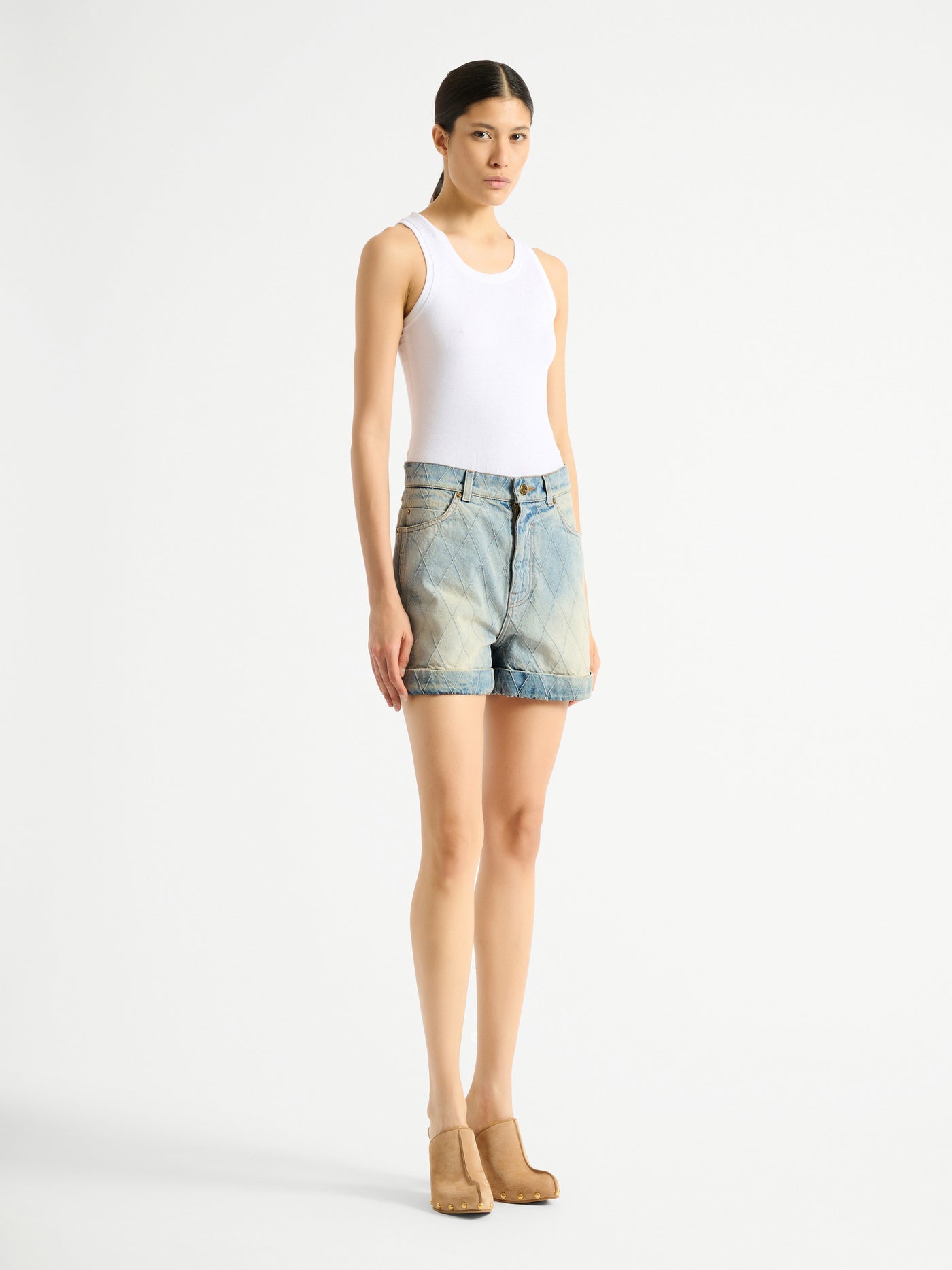 Topstitched denim shorts