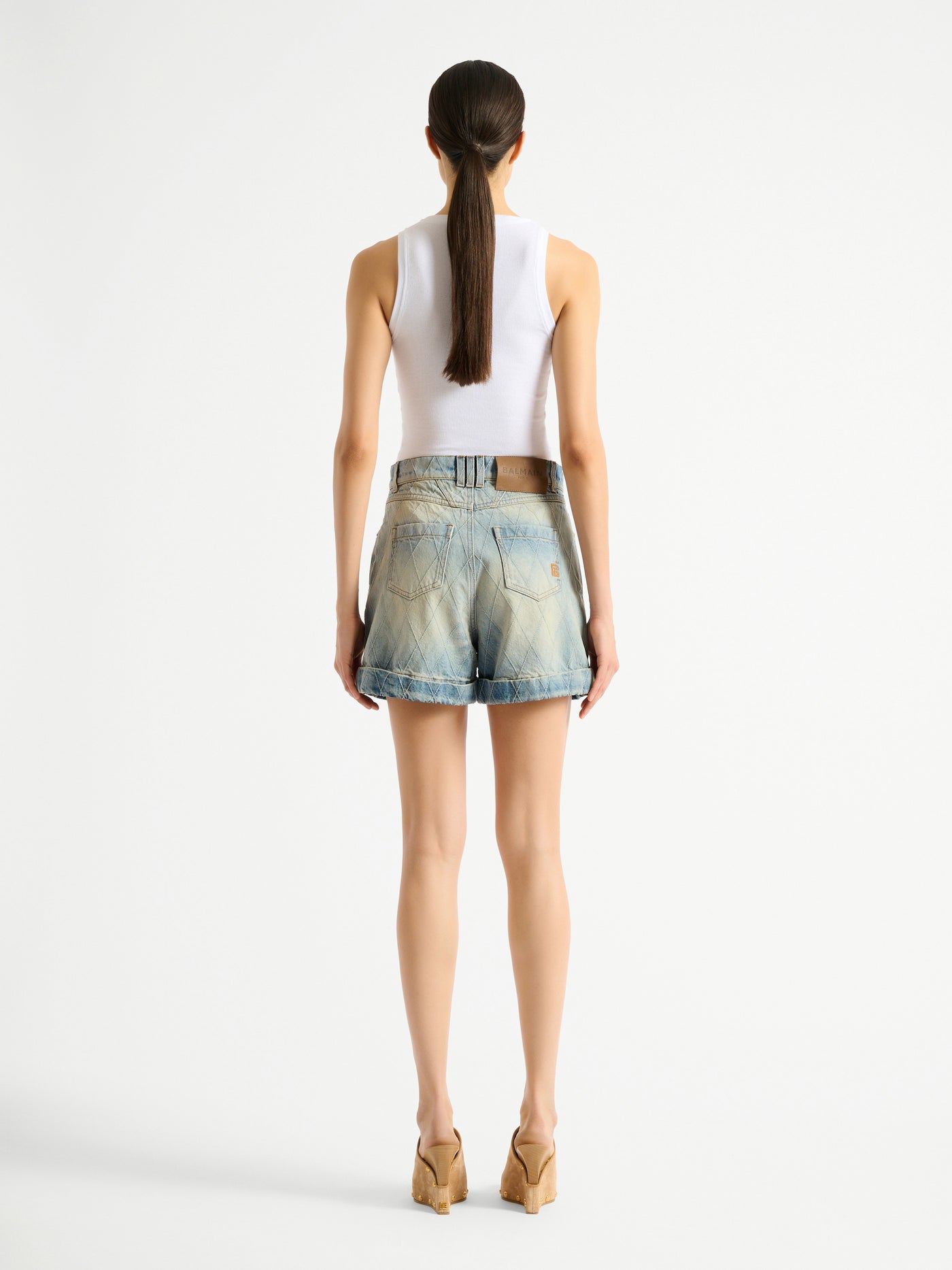 Topstitched denim shorts