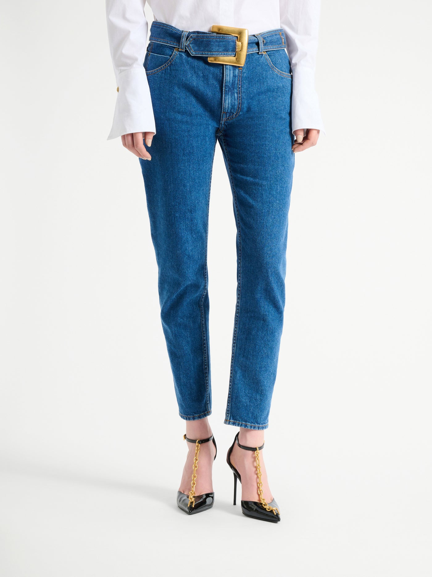 Belted denim jeans