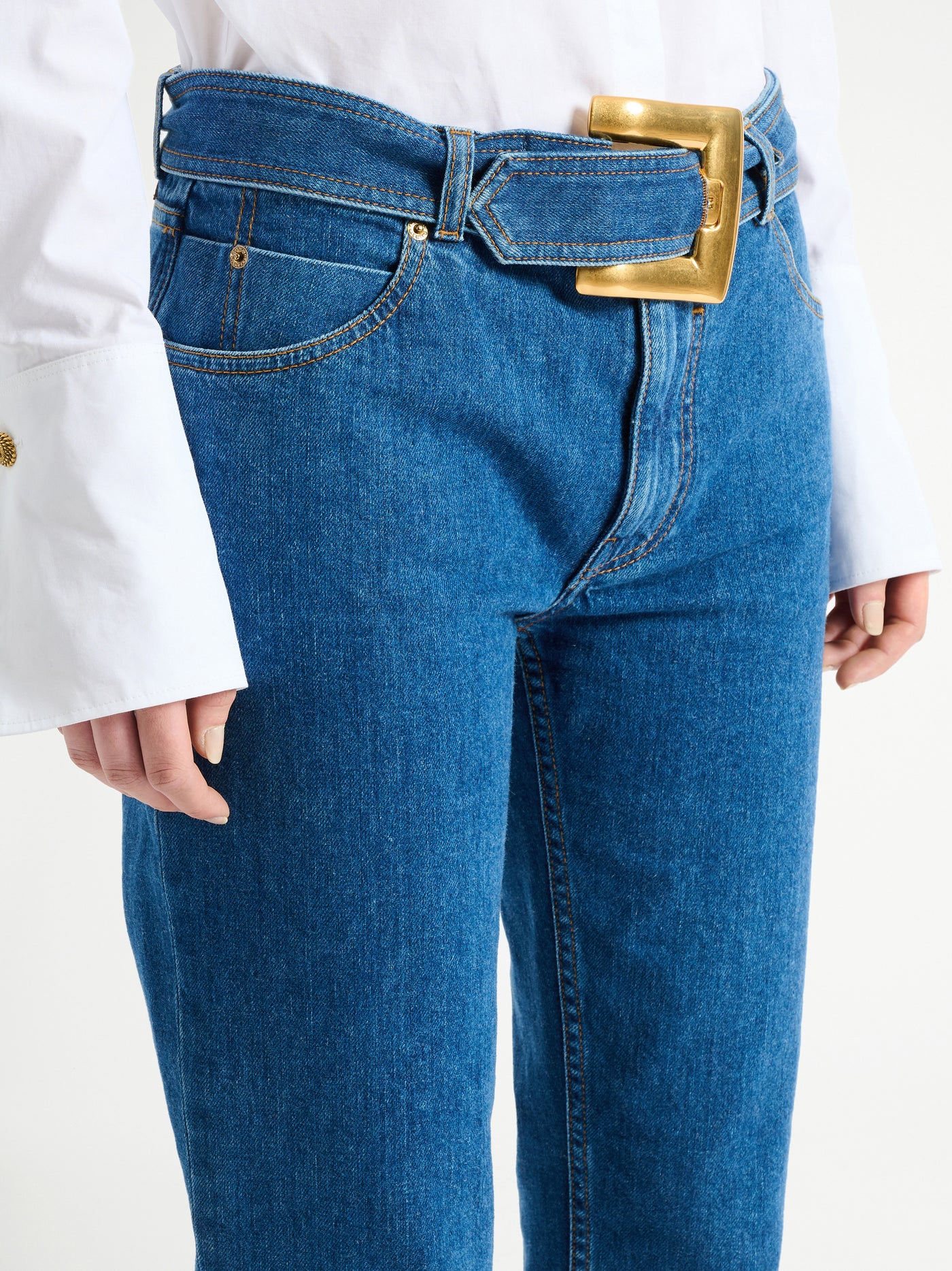Belted denim jeans