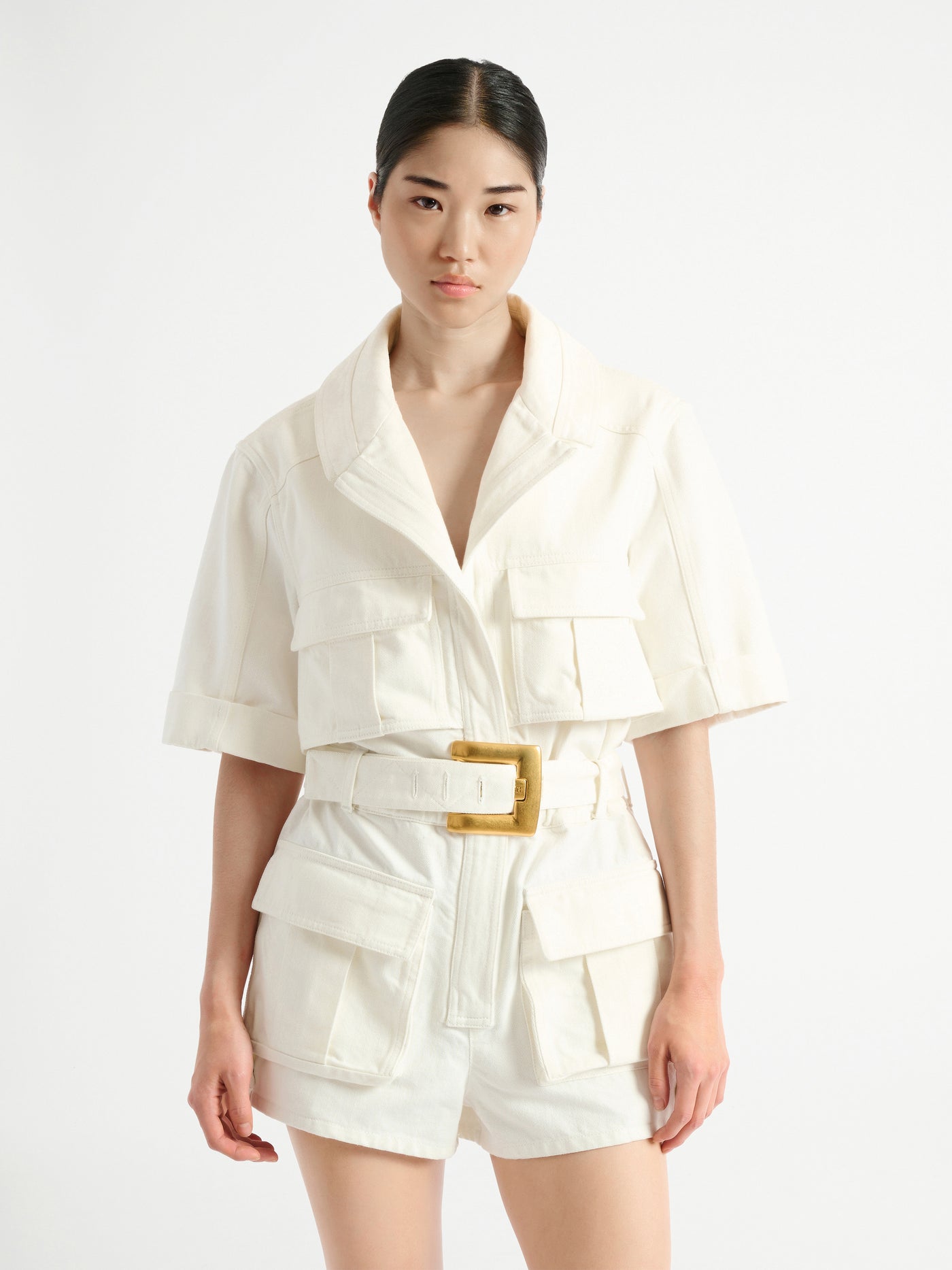 Belted denim playsuit