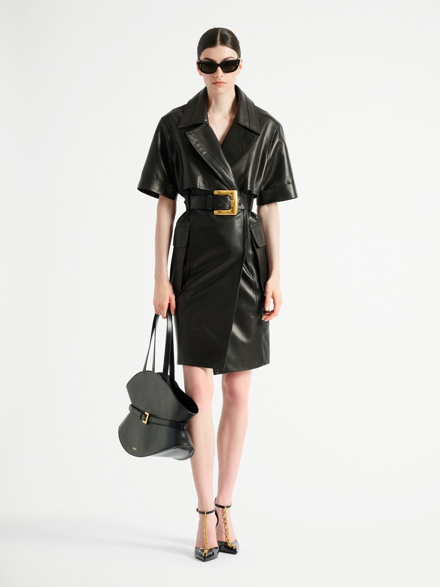 Belted lambskin leather dress