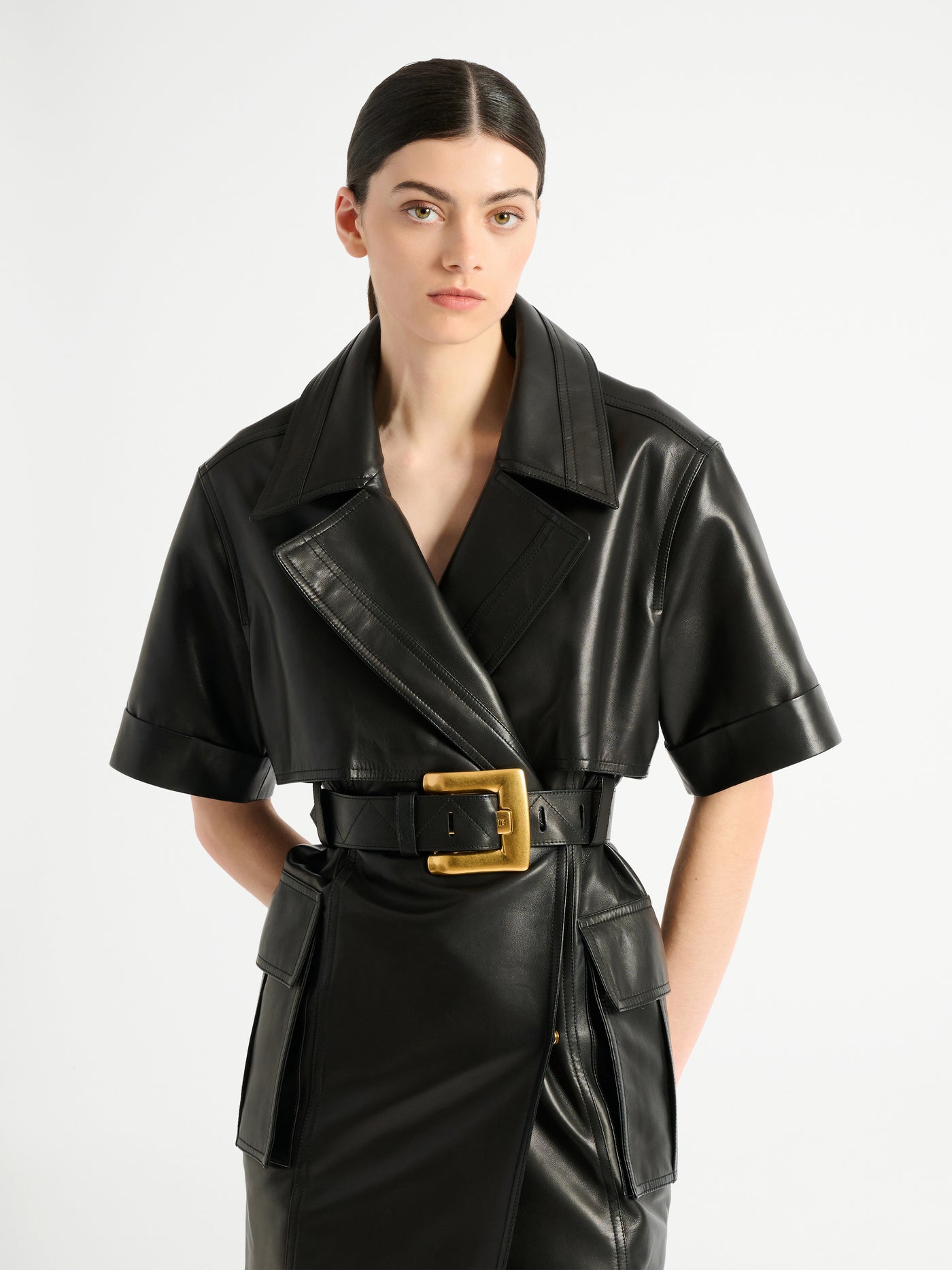 Belted lambskin leather dress