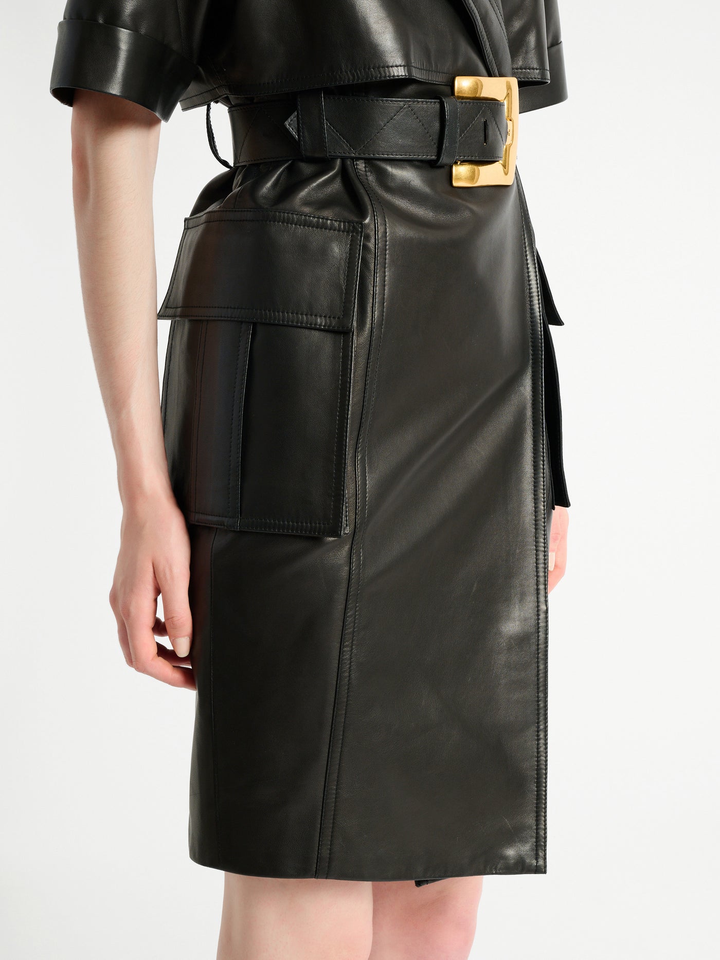 Belted lambskin leather dress