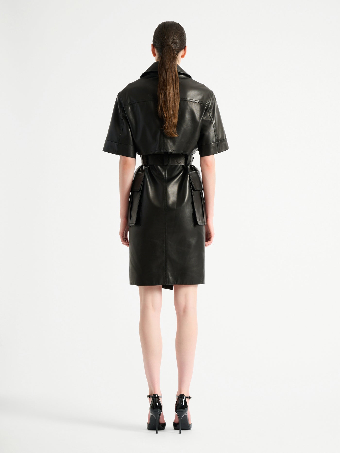 Belted lambskin leather dress