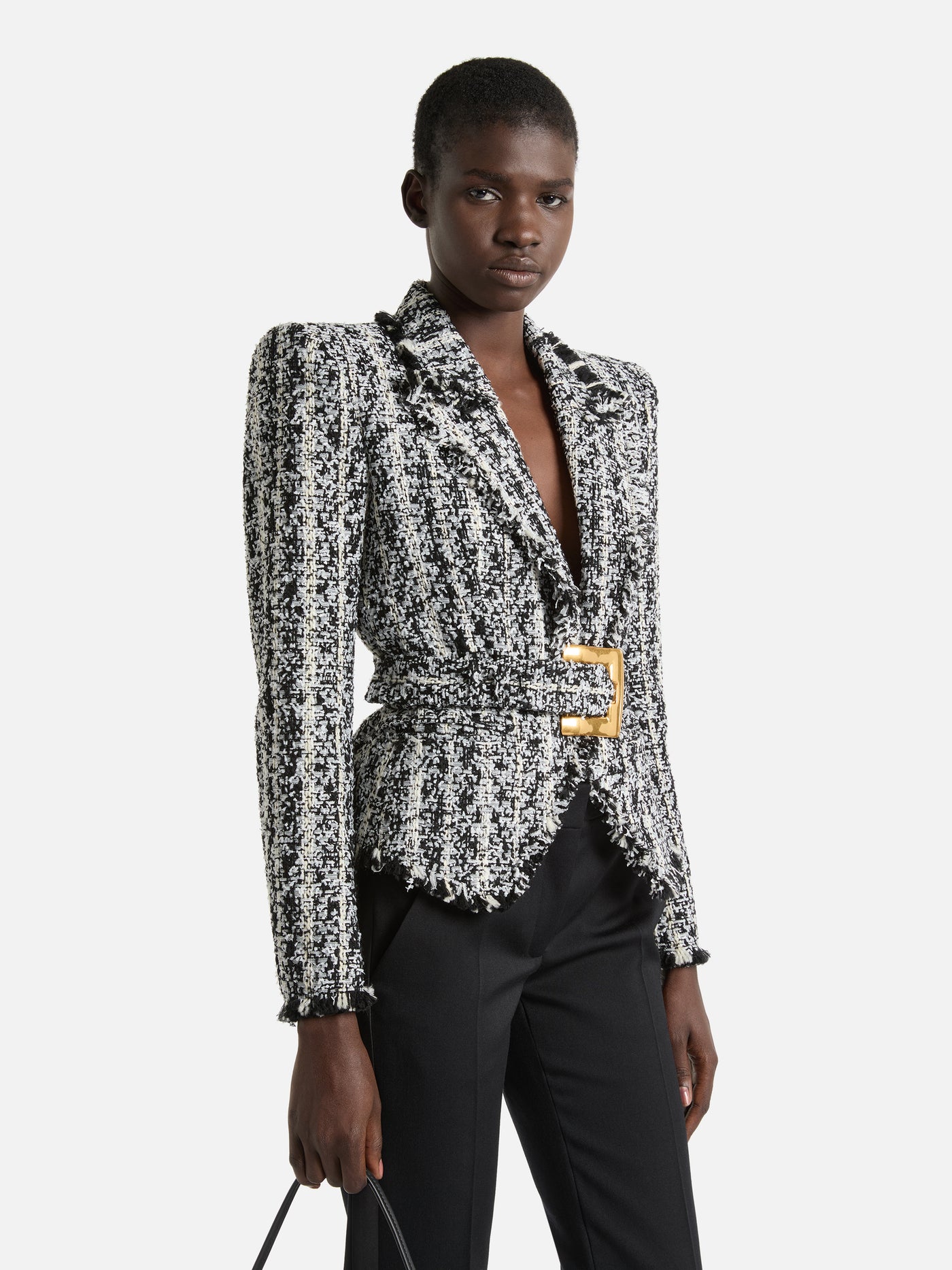 Two-tone tweed belted jacket