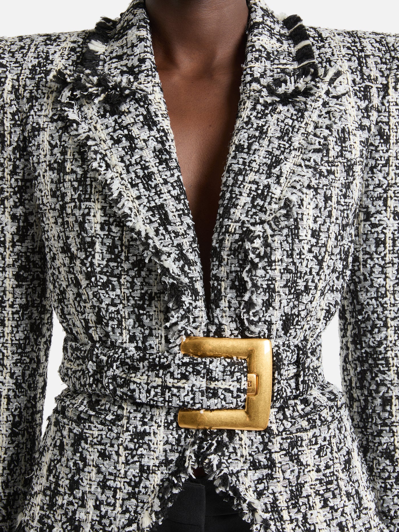 Two-tone tweed belted jacket
