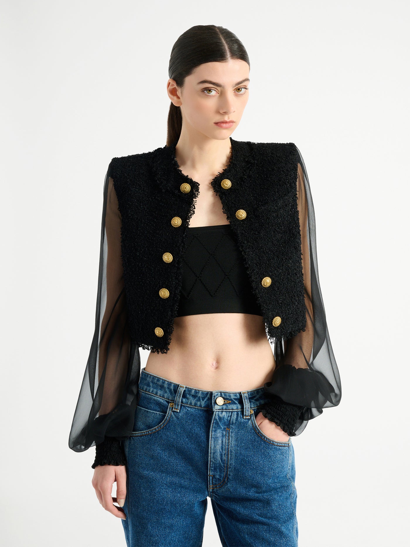 Cropped tweed and muslin jacket