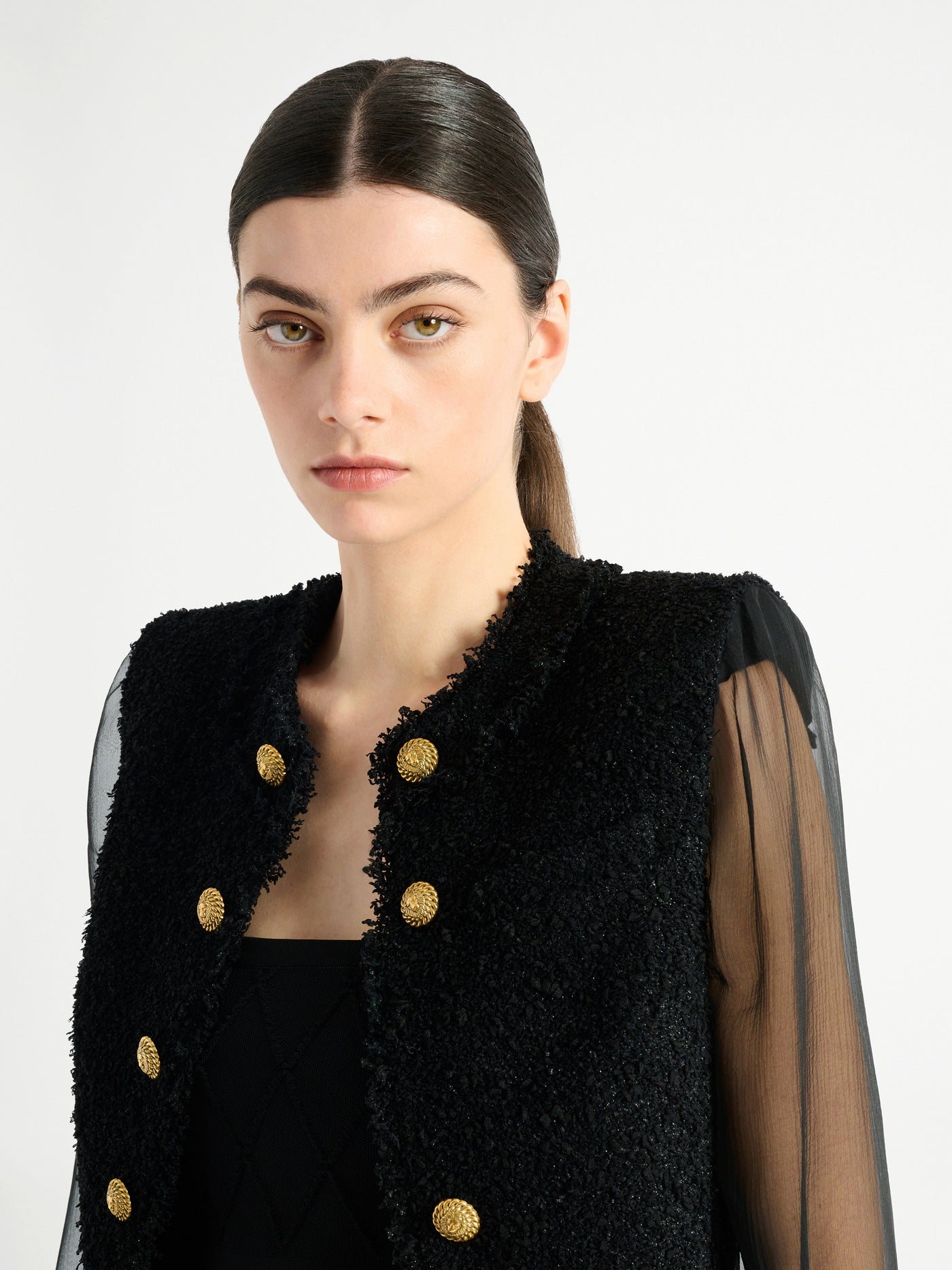 Cropped tweed and muslin jacket