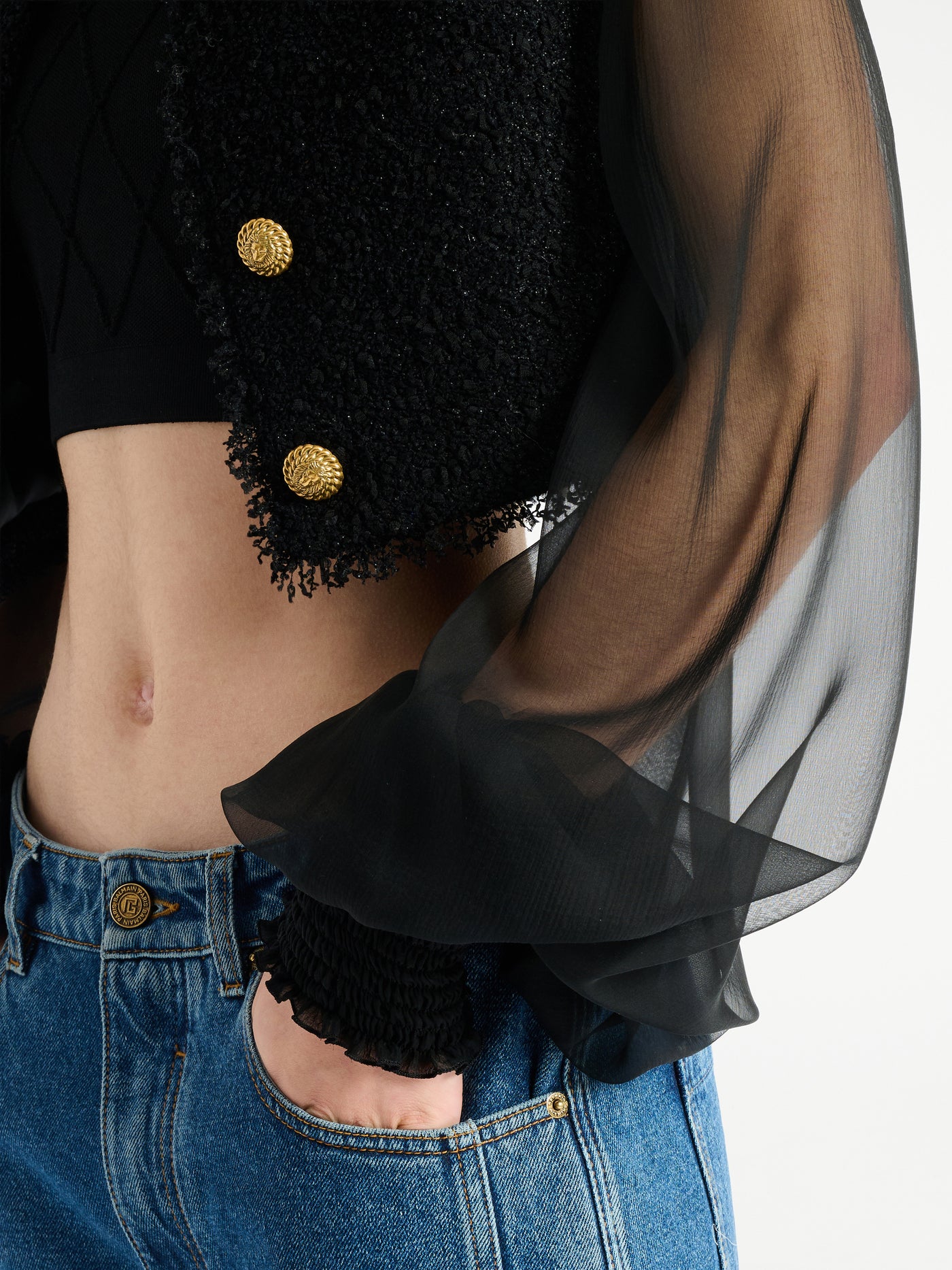 Cropped tweed and muslin jacket