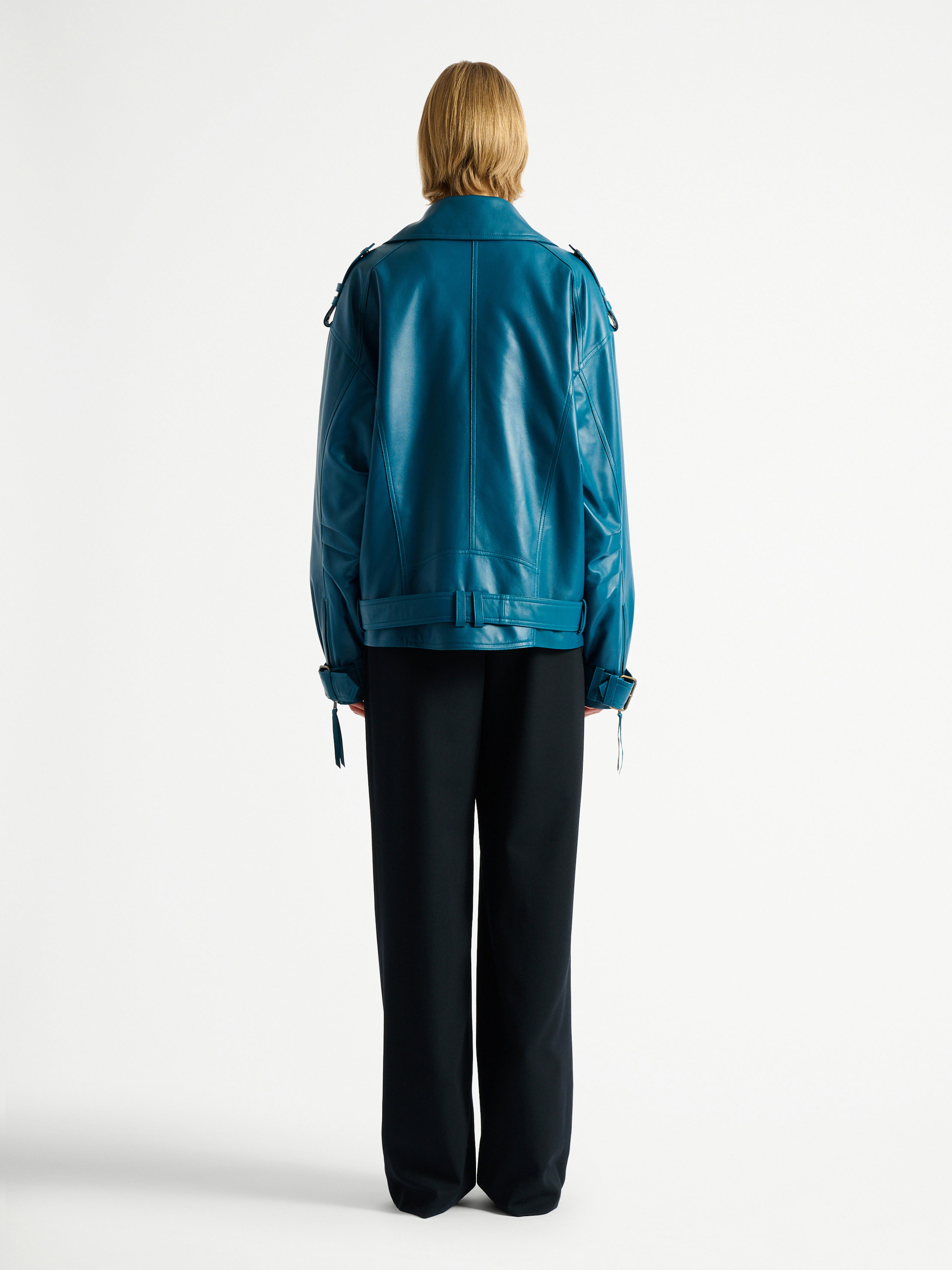 Lambskin leather biker jacket blue - Women | BALMAIN