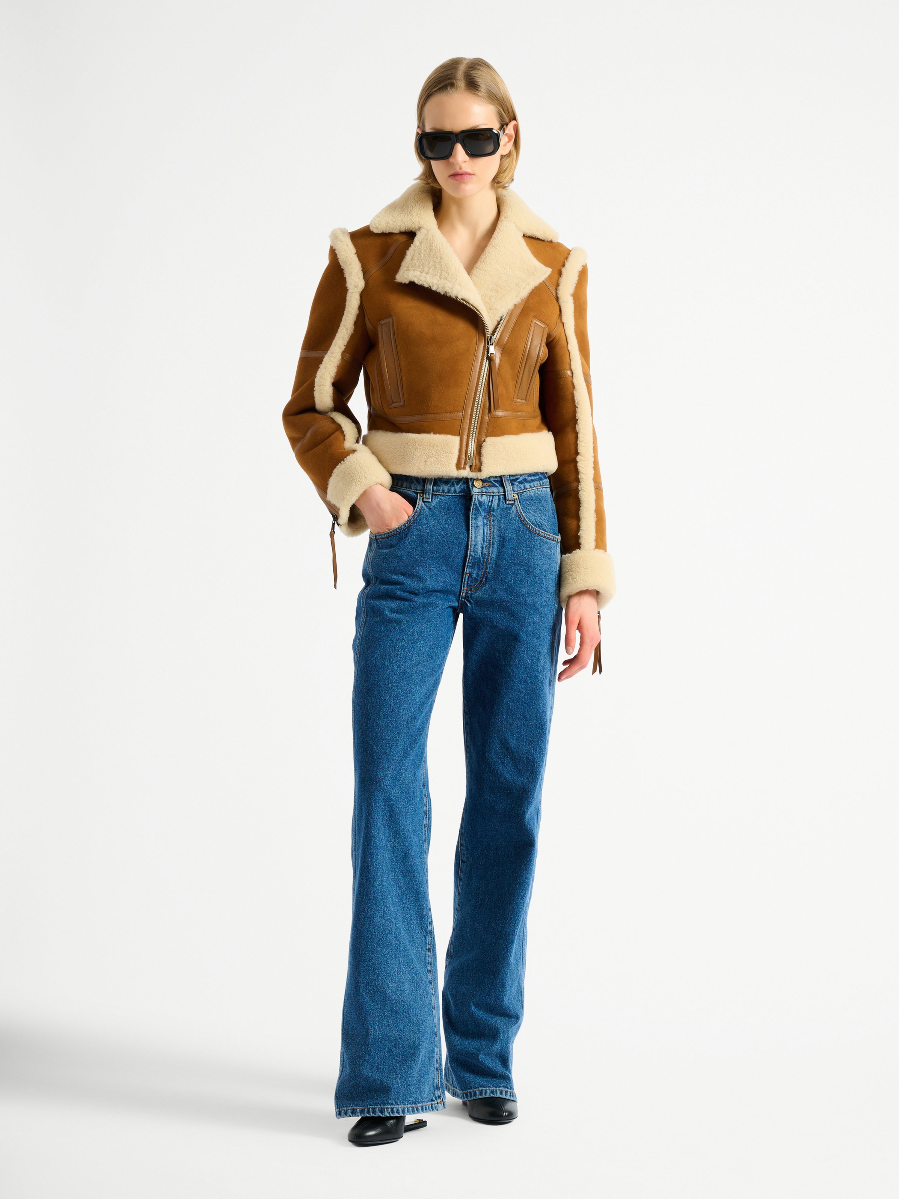 Shearling biker jacket brown - Women | BALMAIN