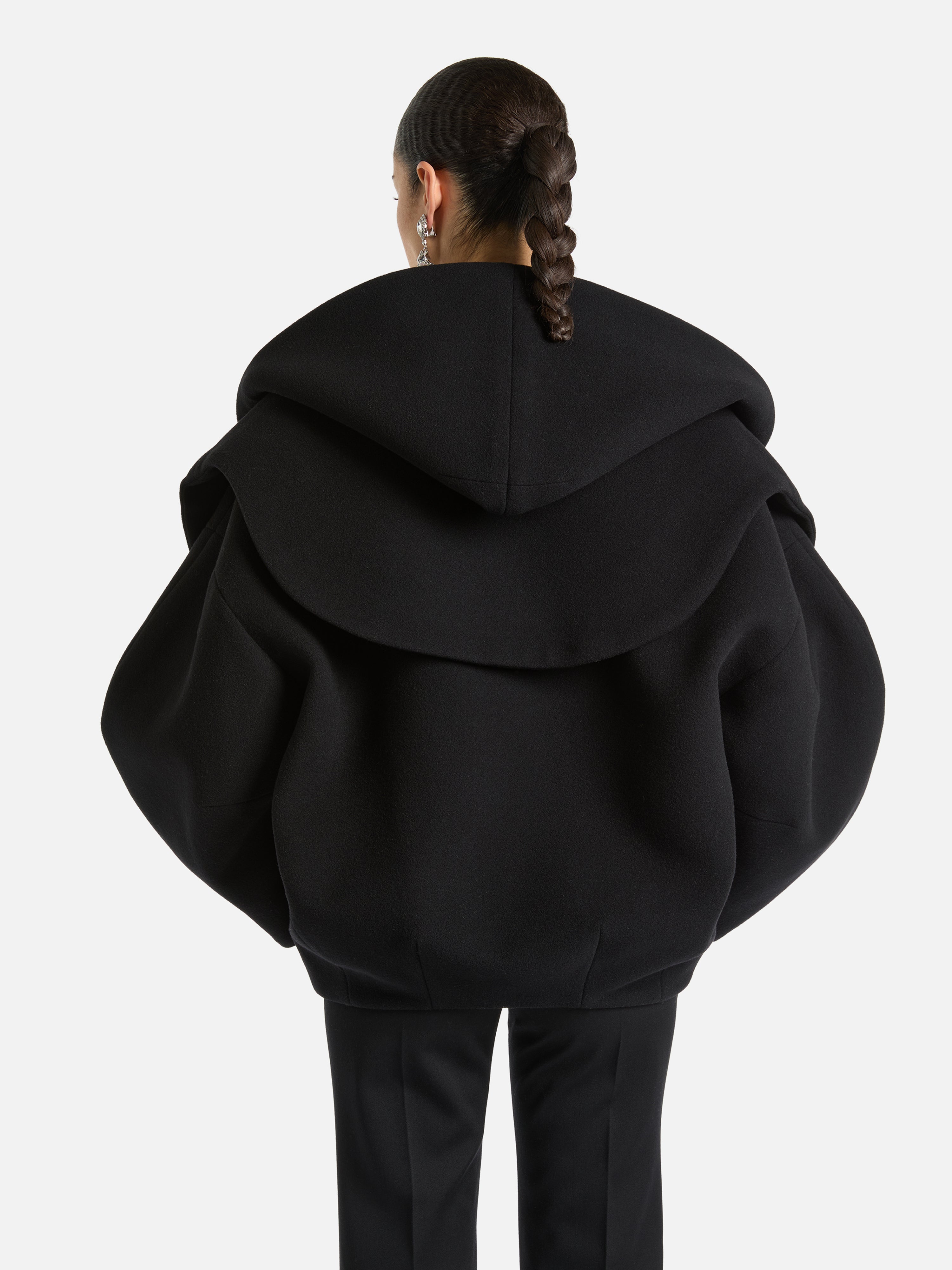 Oversized wool pea coat with hood black - Women | BALMAIN