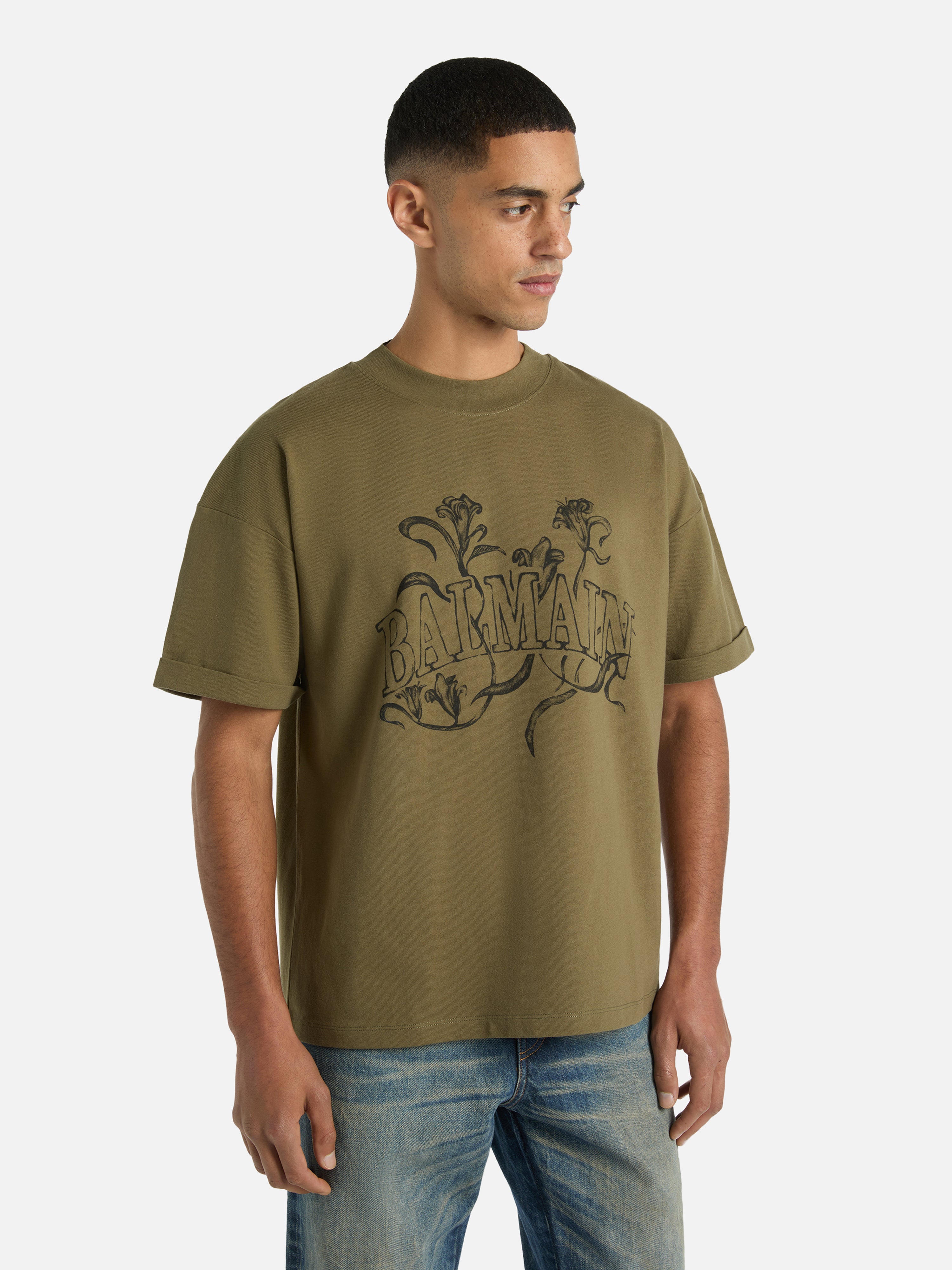 Printed Balmain Bloom T-shirt khaki - Men | BALMAIN