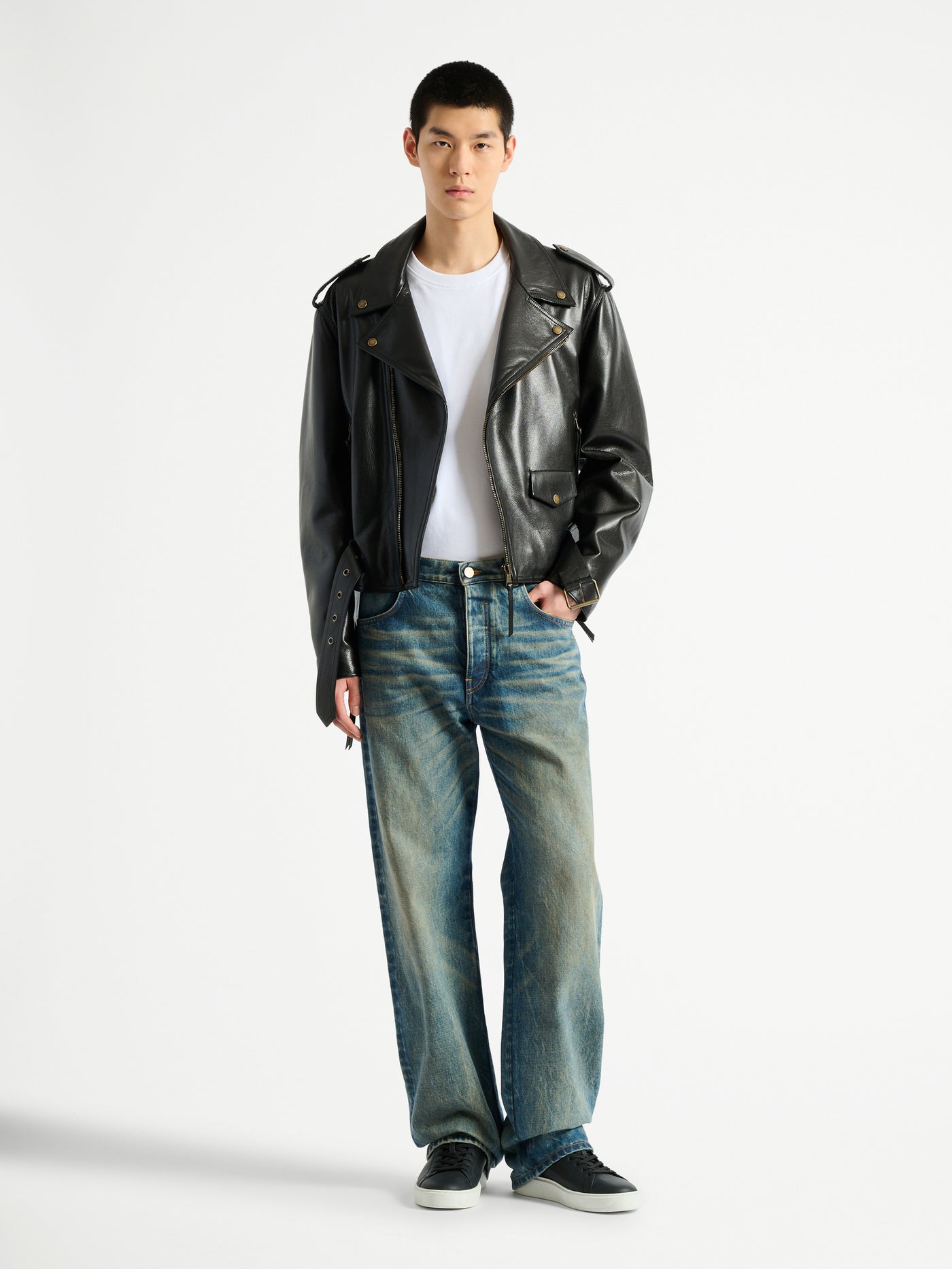 Textured leather biker jacket