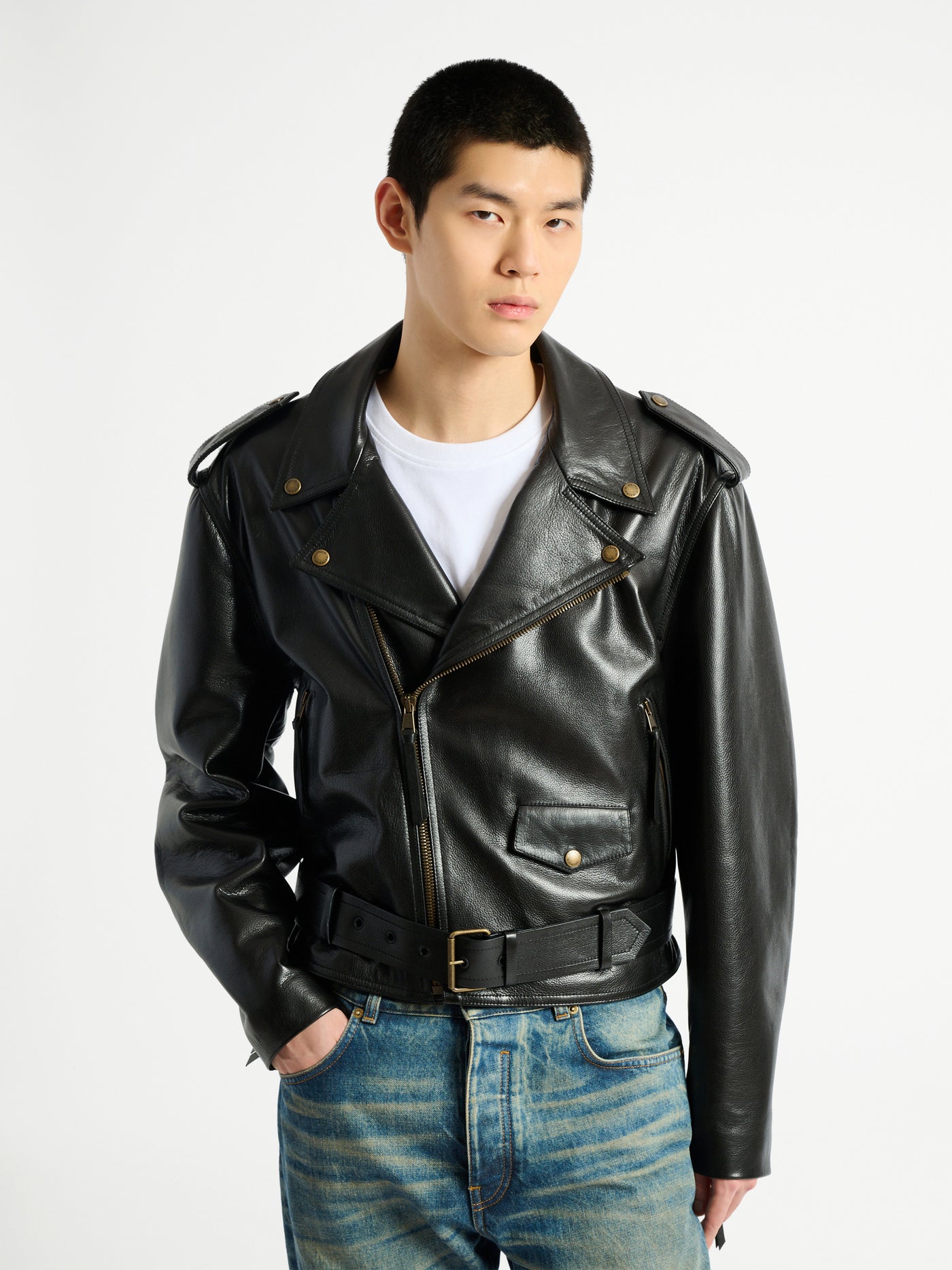 Textured leather biker jacket