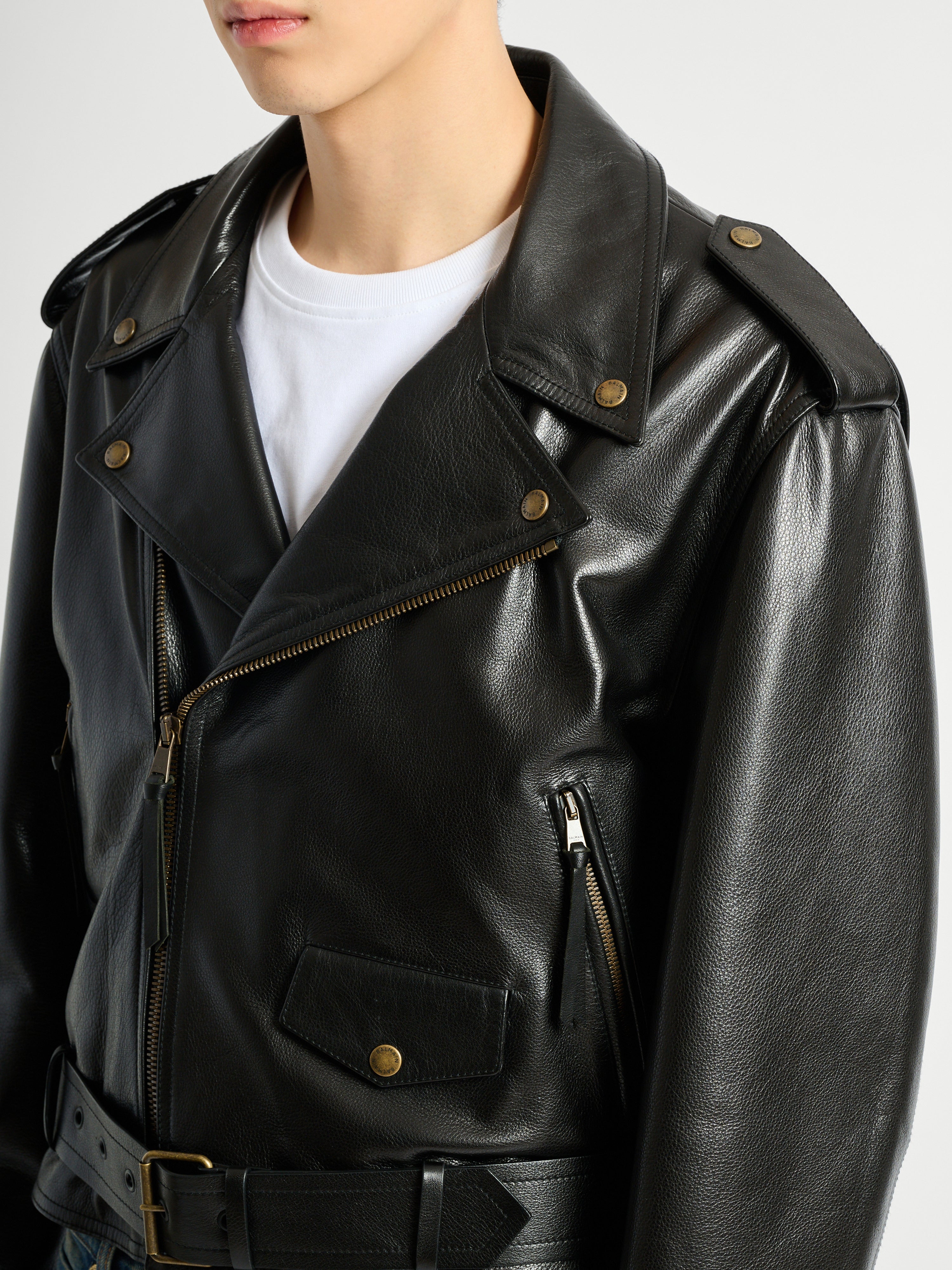 Textured leather biker jacket black - Men | BALMAIN