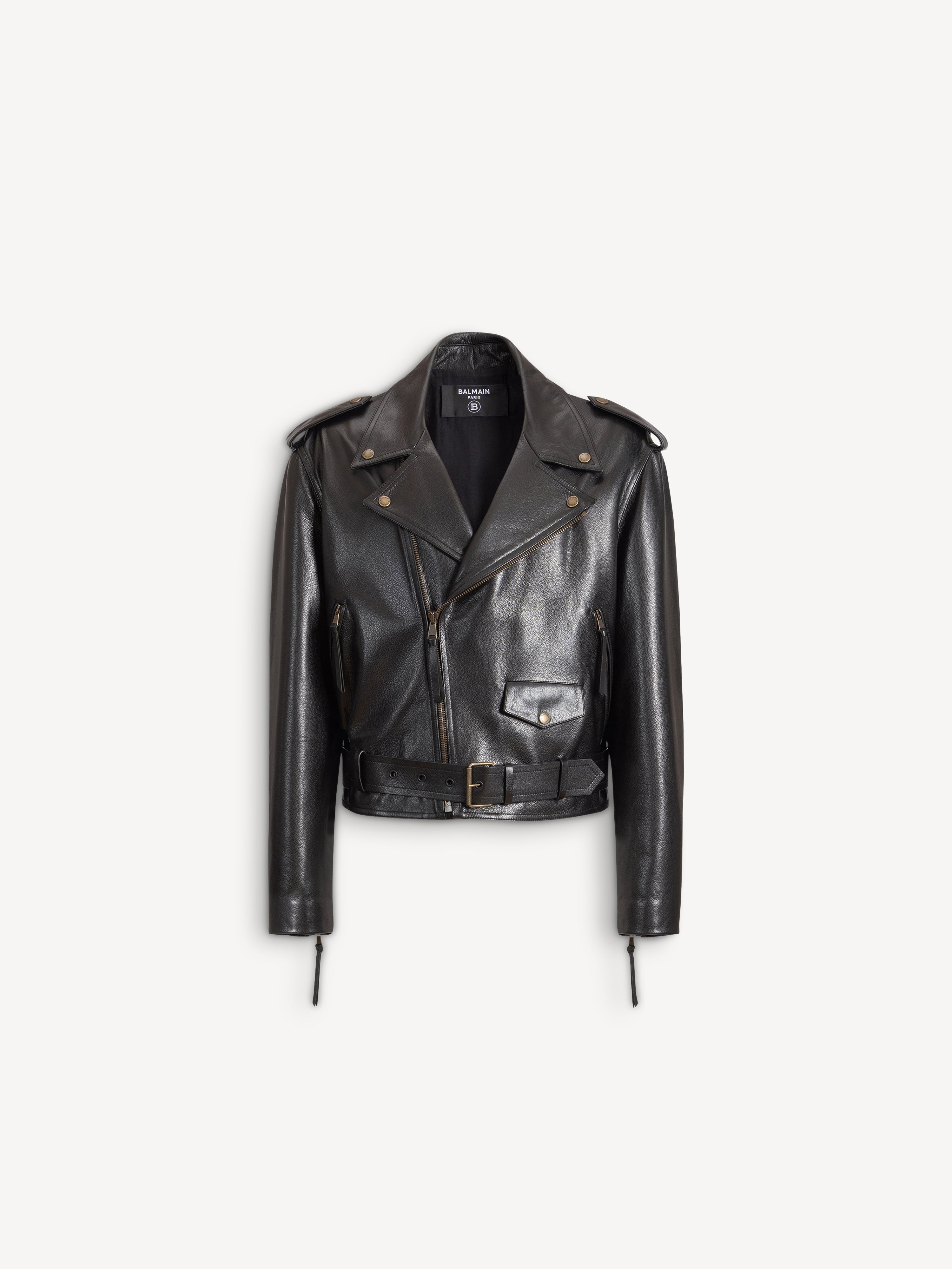 Textured leather biker jacket black - Men | BALMAIN • BALMAIN USA
