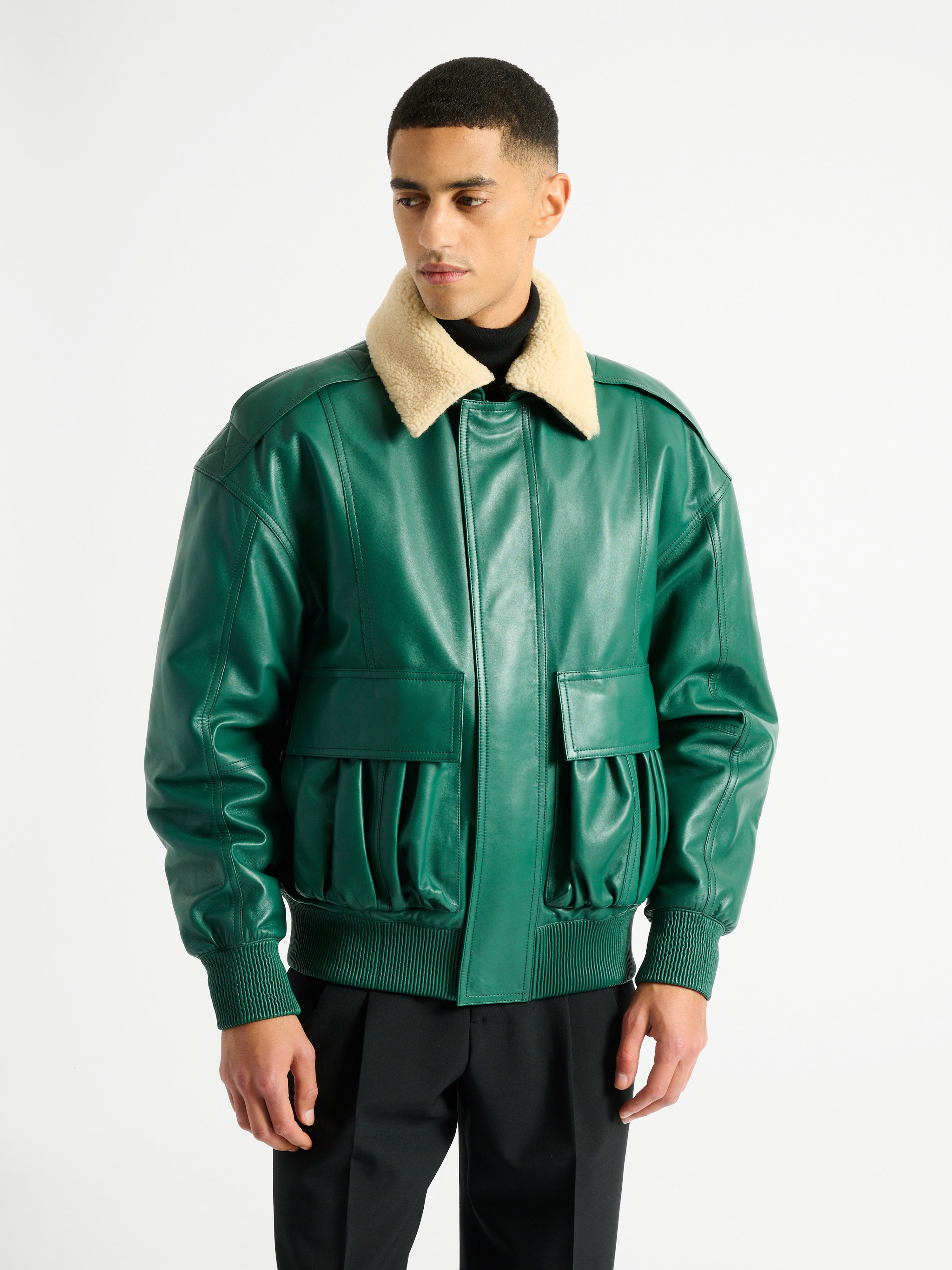 Shearling leather bomber jacket green - Men | BALMAIN