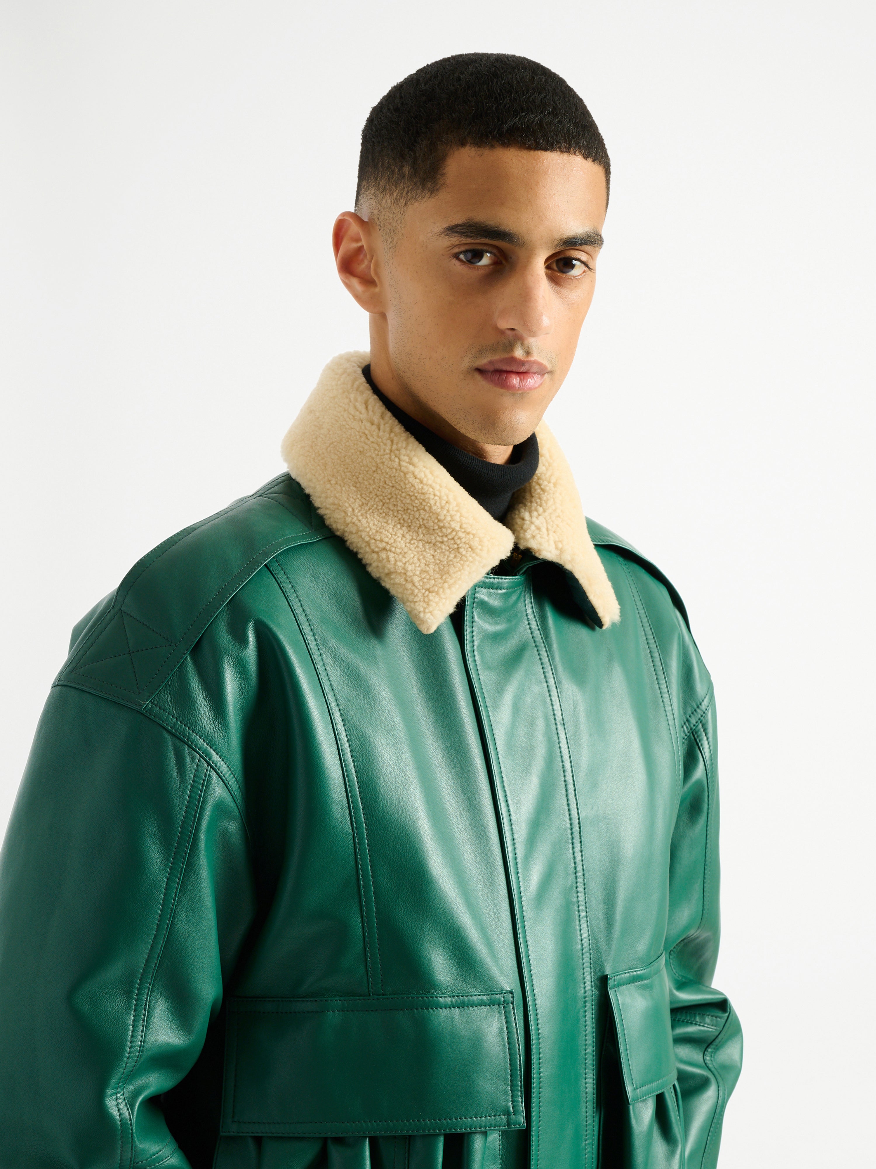 Shearling leather bomber jacket green - Men | BALMAIN