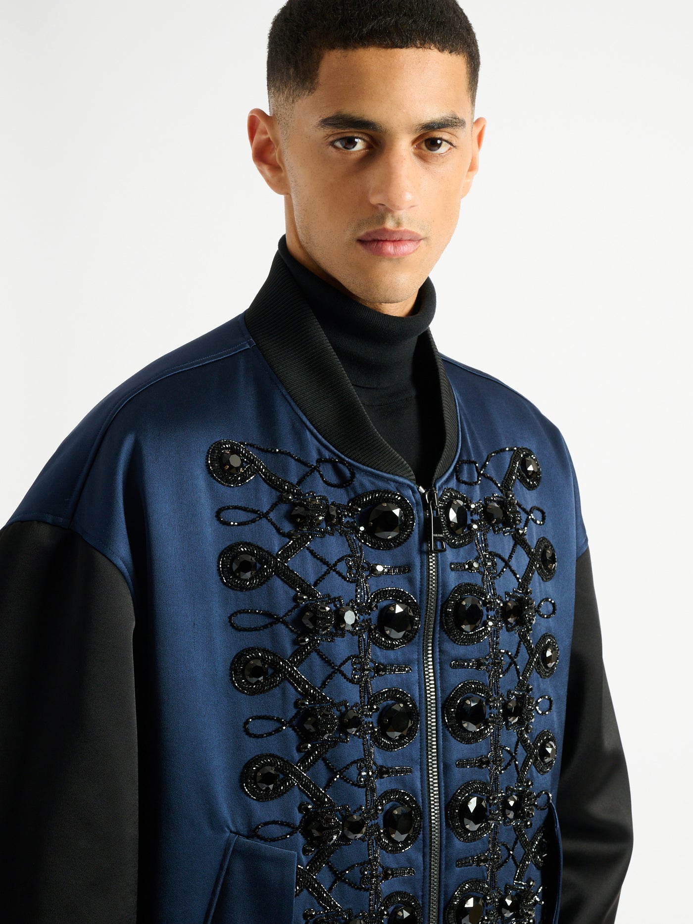 Satin bomber jacket with frogging