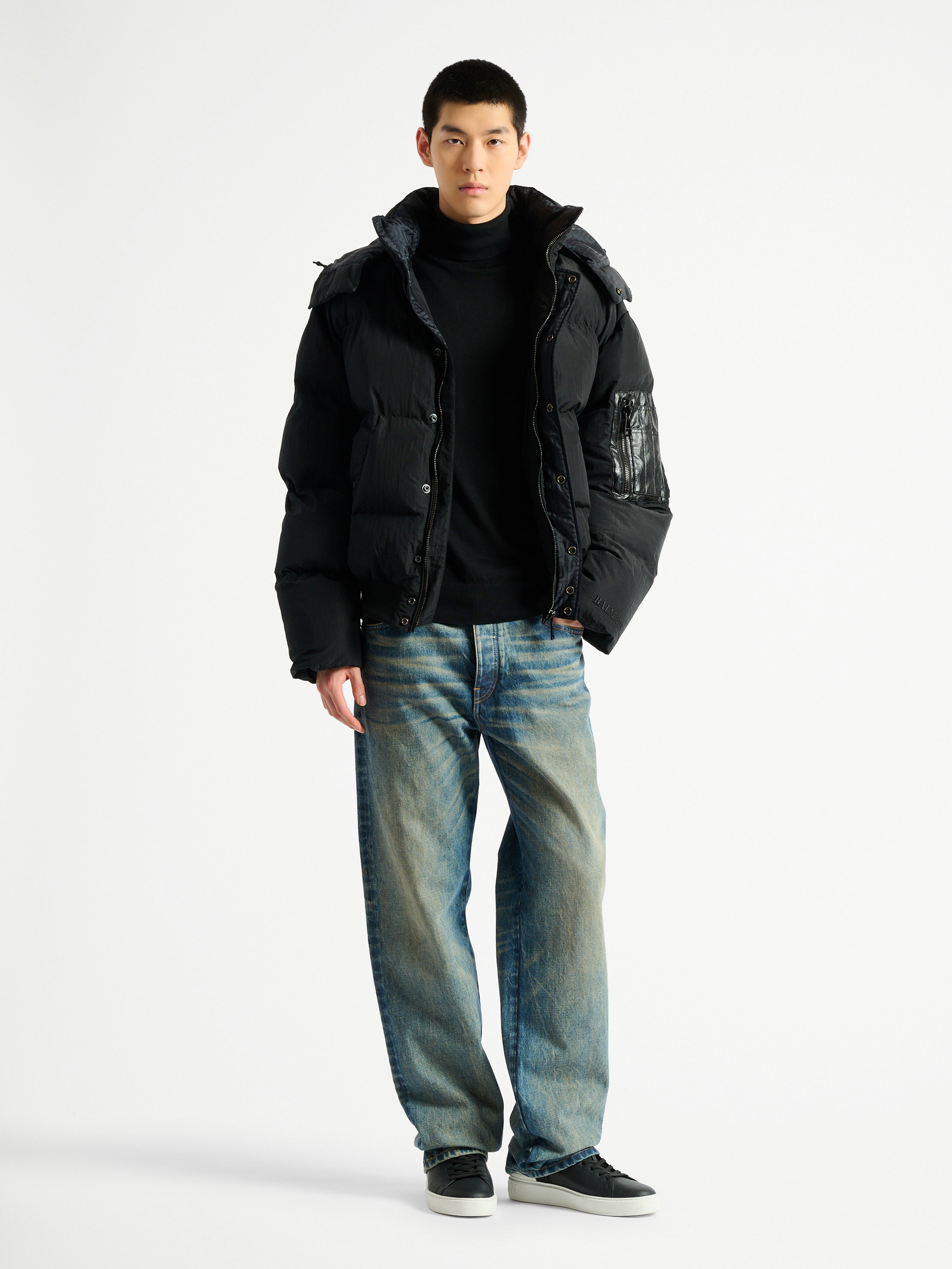 Padded nylon and leather jacket black - Men | BALMAIN