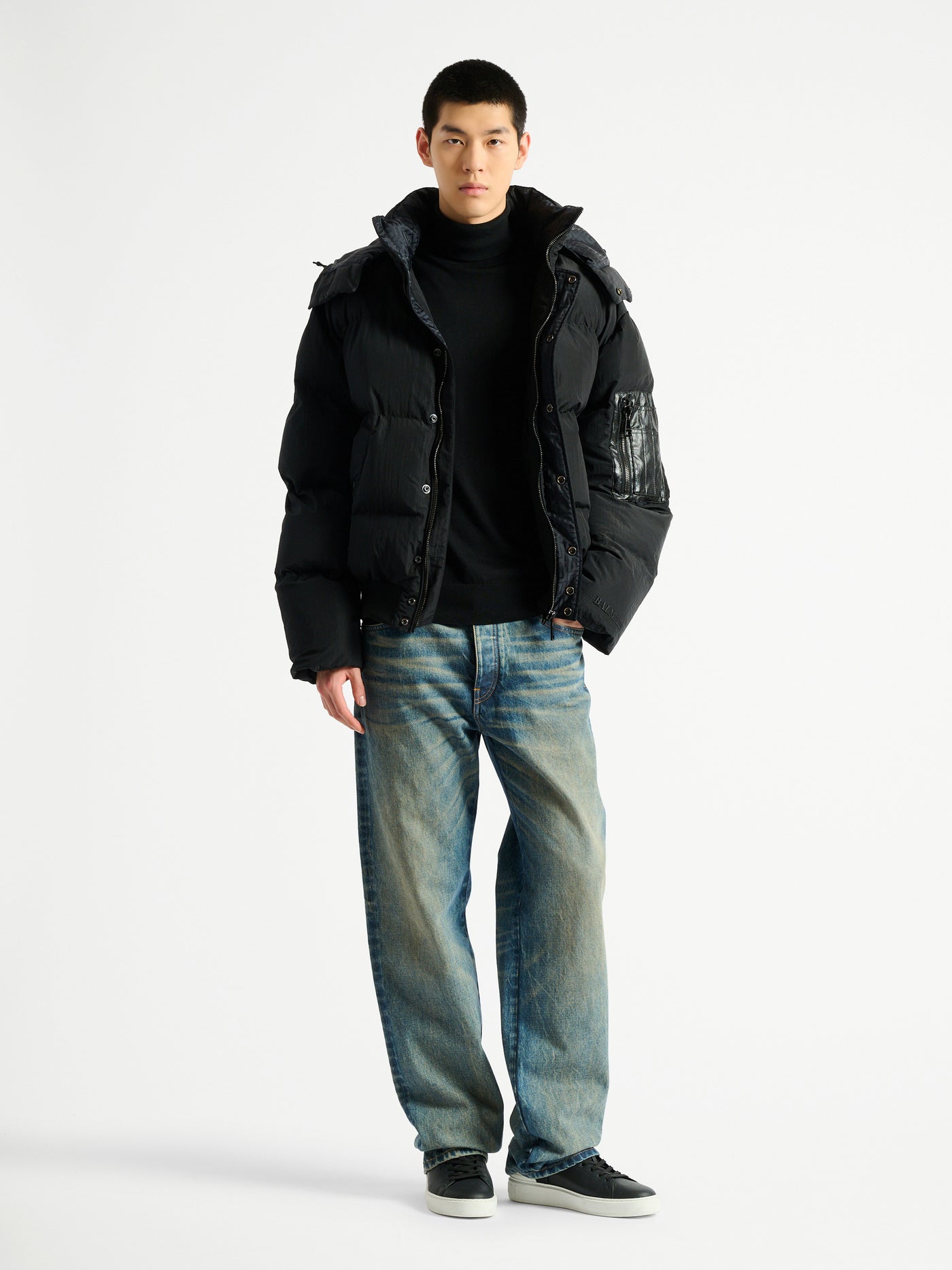 Padded nylon and leather jacket