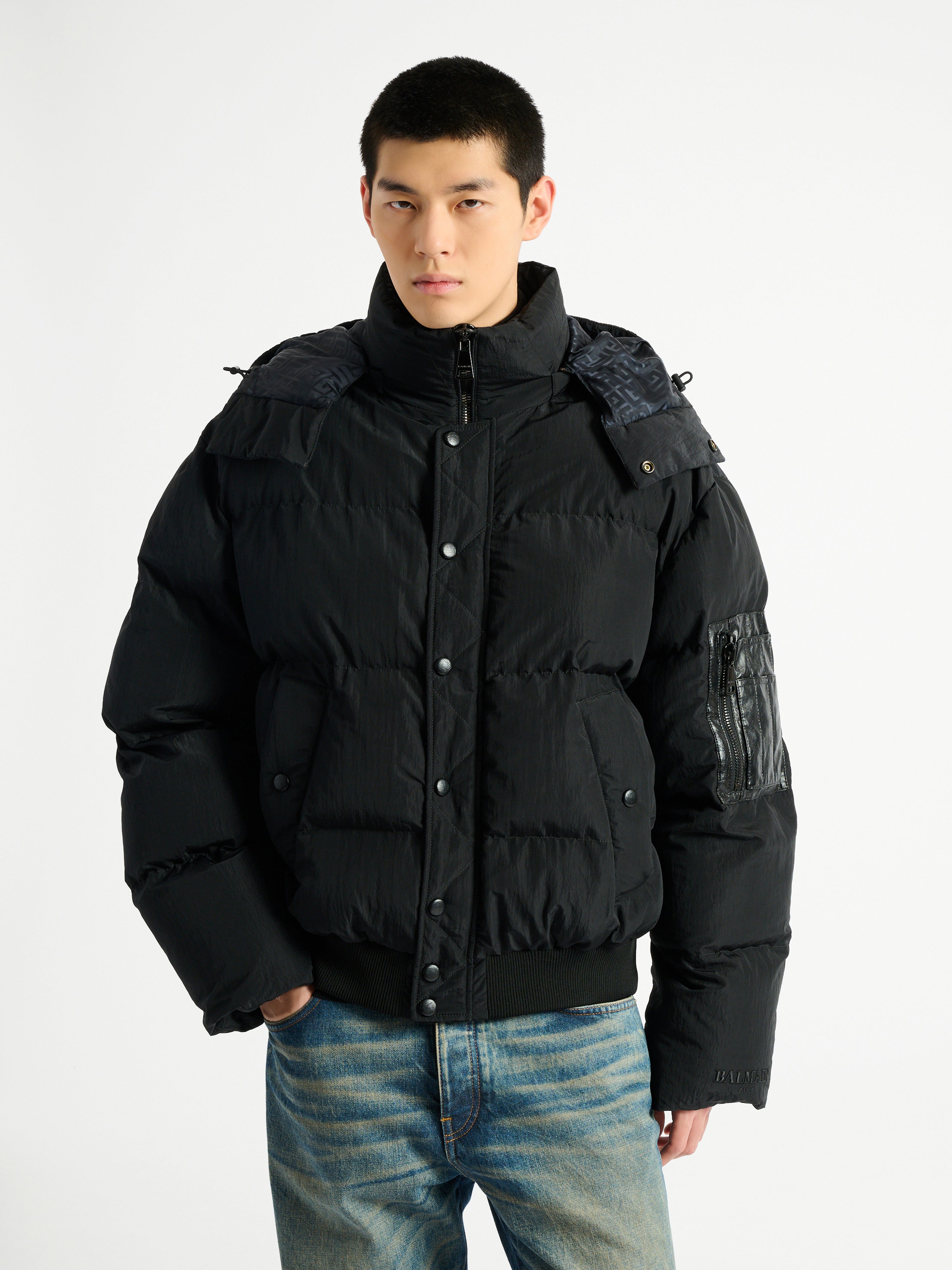 Padded nylon and leather jacket black - Men | BALMAIN