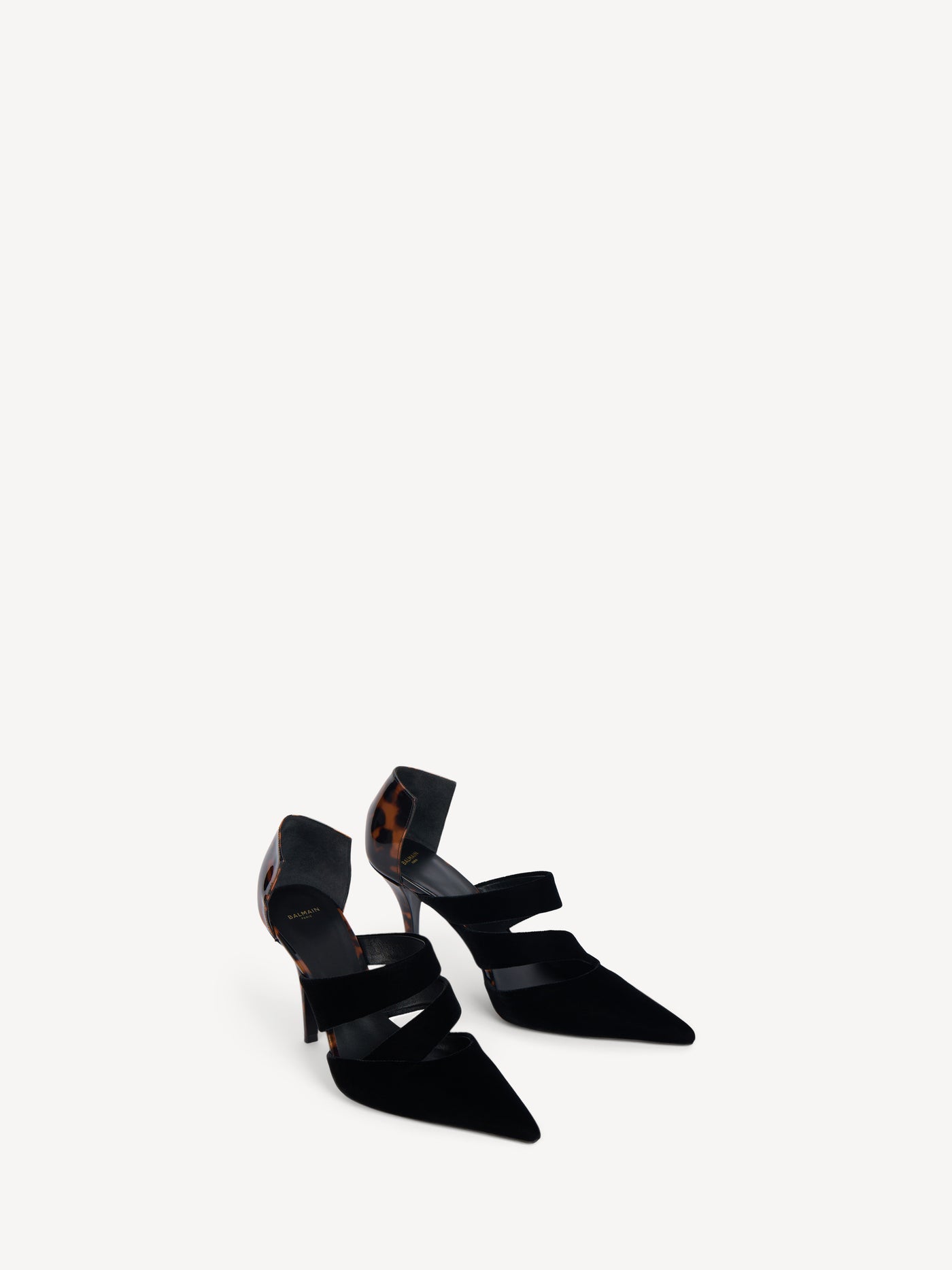 Velvet and printed patent leather pumps
