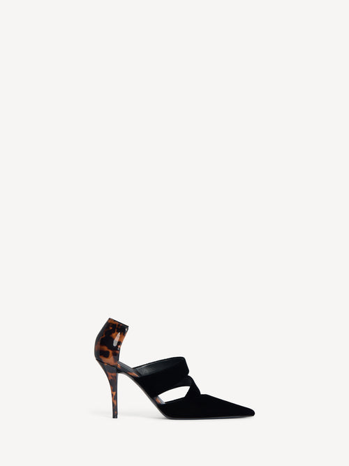 Velvet and printed patent leather pumps