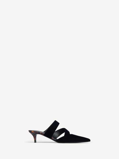 Velvet and printed patent leather mules