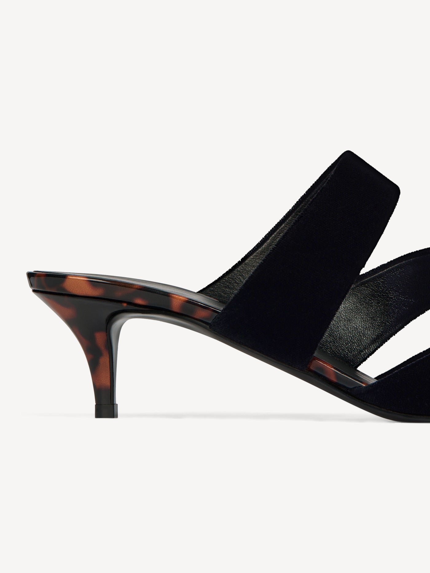Velvet and printed patent leather mules