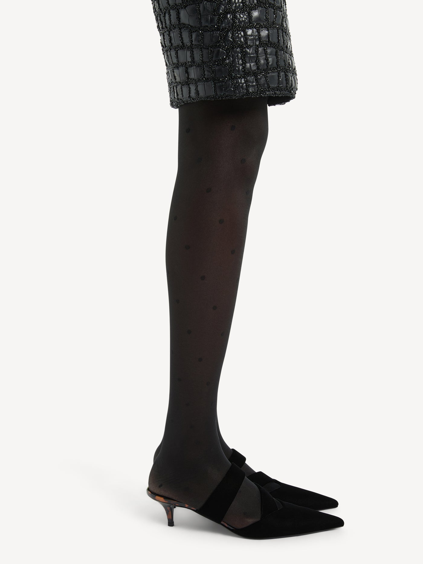 Velvet and printed patent leather mules