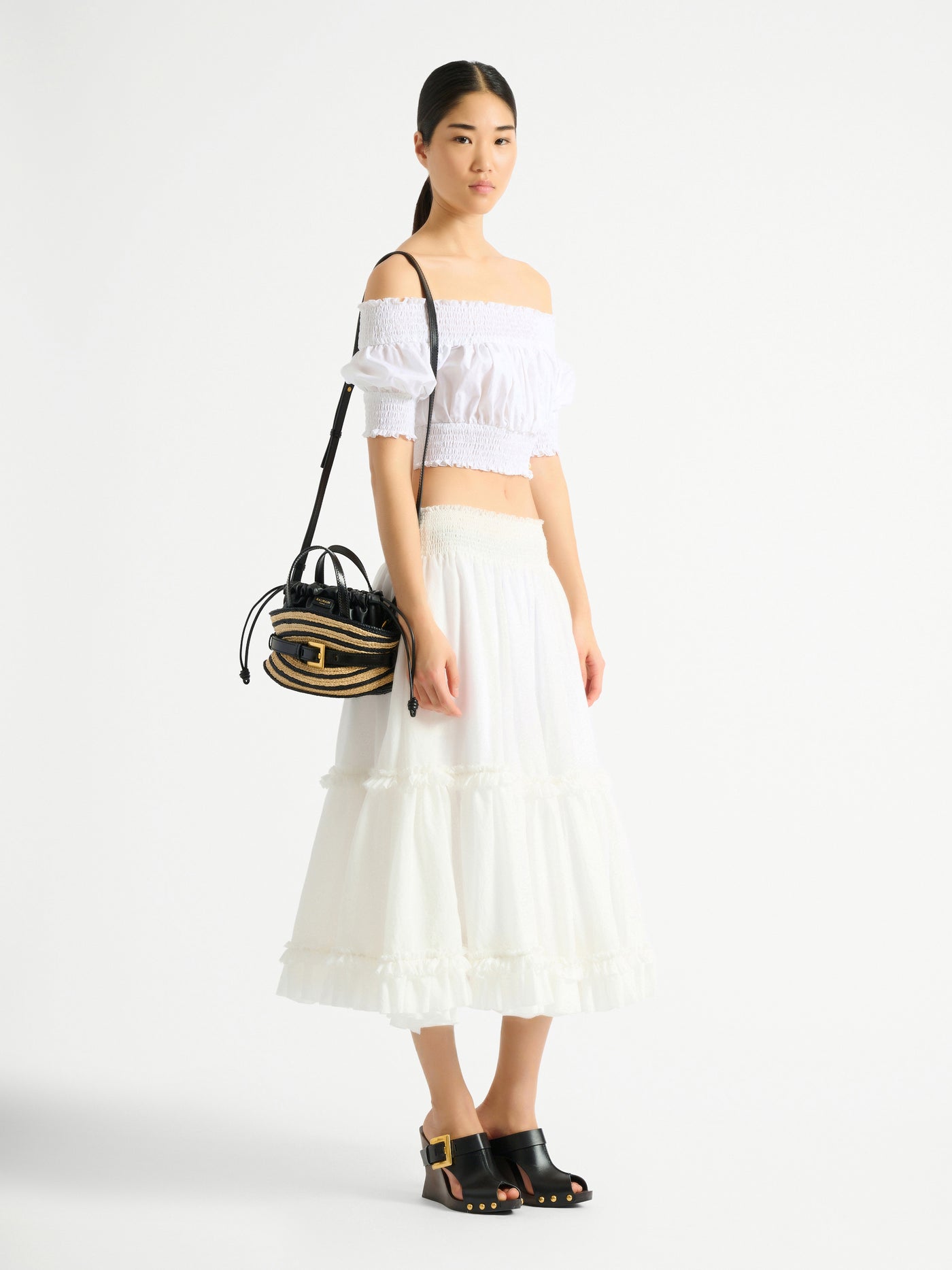 Mini Shuffle bag in smooth leather and raffia