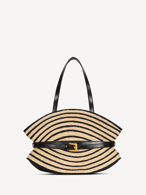 Medium Shuffle bag in smooth leather and two-tone raffia