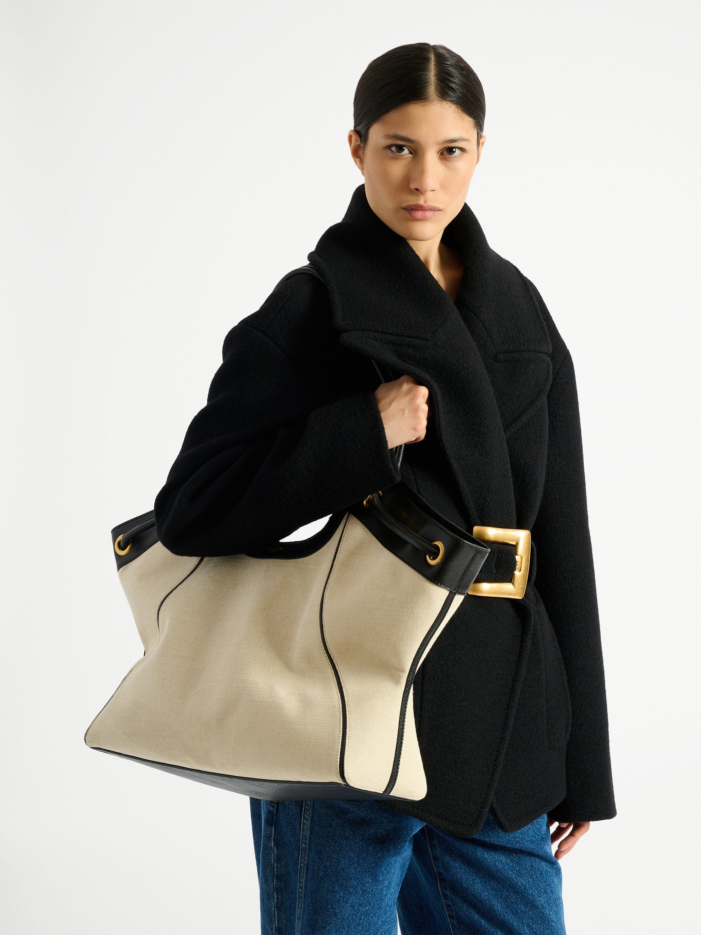 Large Tote in smooth leather and canvas