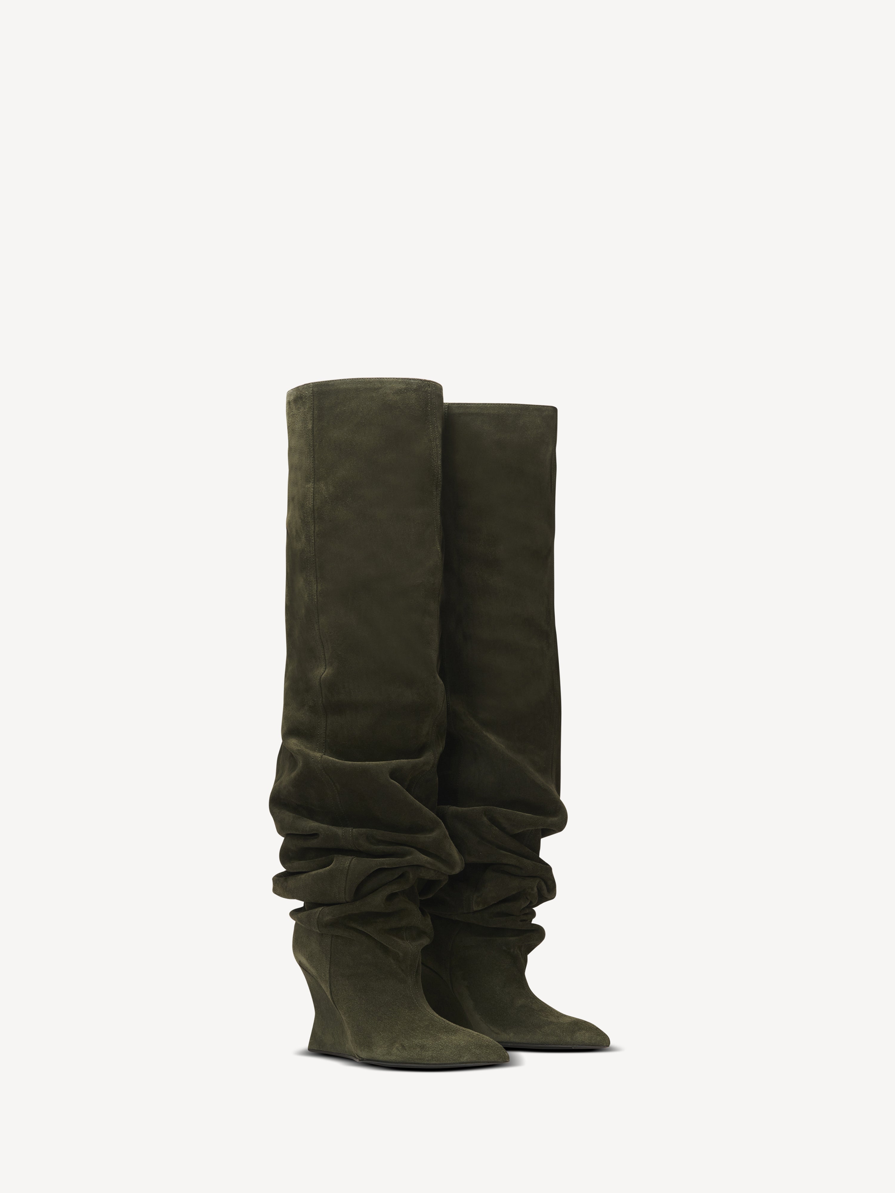 Suede leather Wedge thigh-high boots khaki - Women | BALMAIN