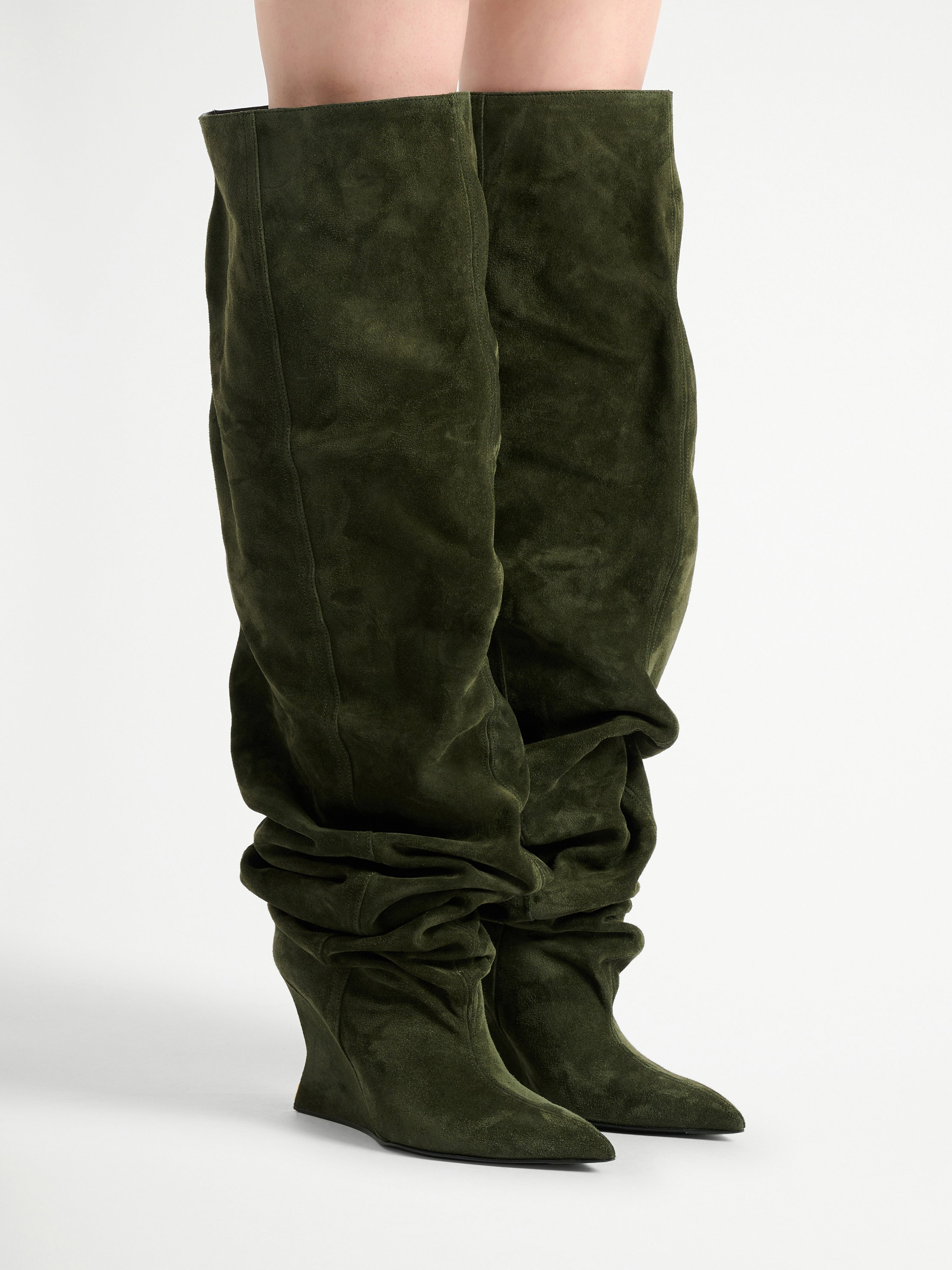 Suede leather Wedge thigh-high boots khaki - Women | BALMAIN