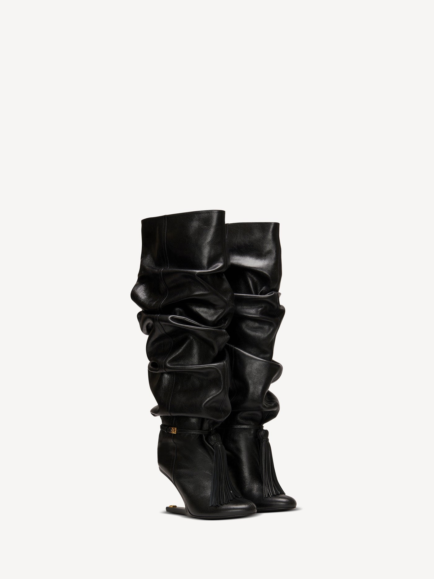 No Wedge textured leather thigh-high boots with tassel