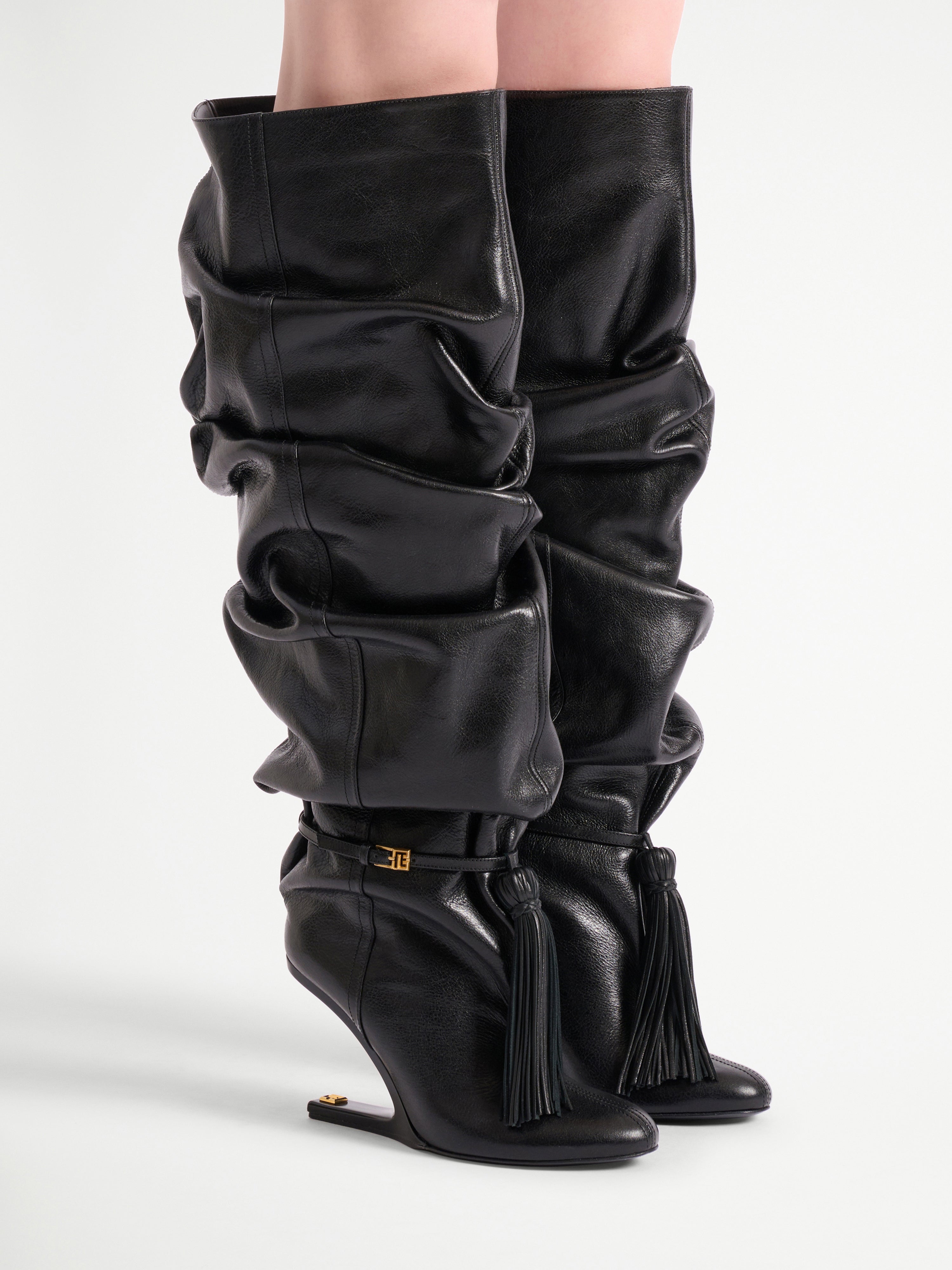 No Wedge textured leather thigh-high boots with tassel black