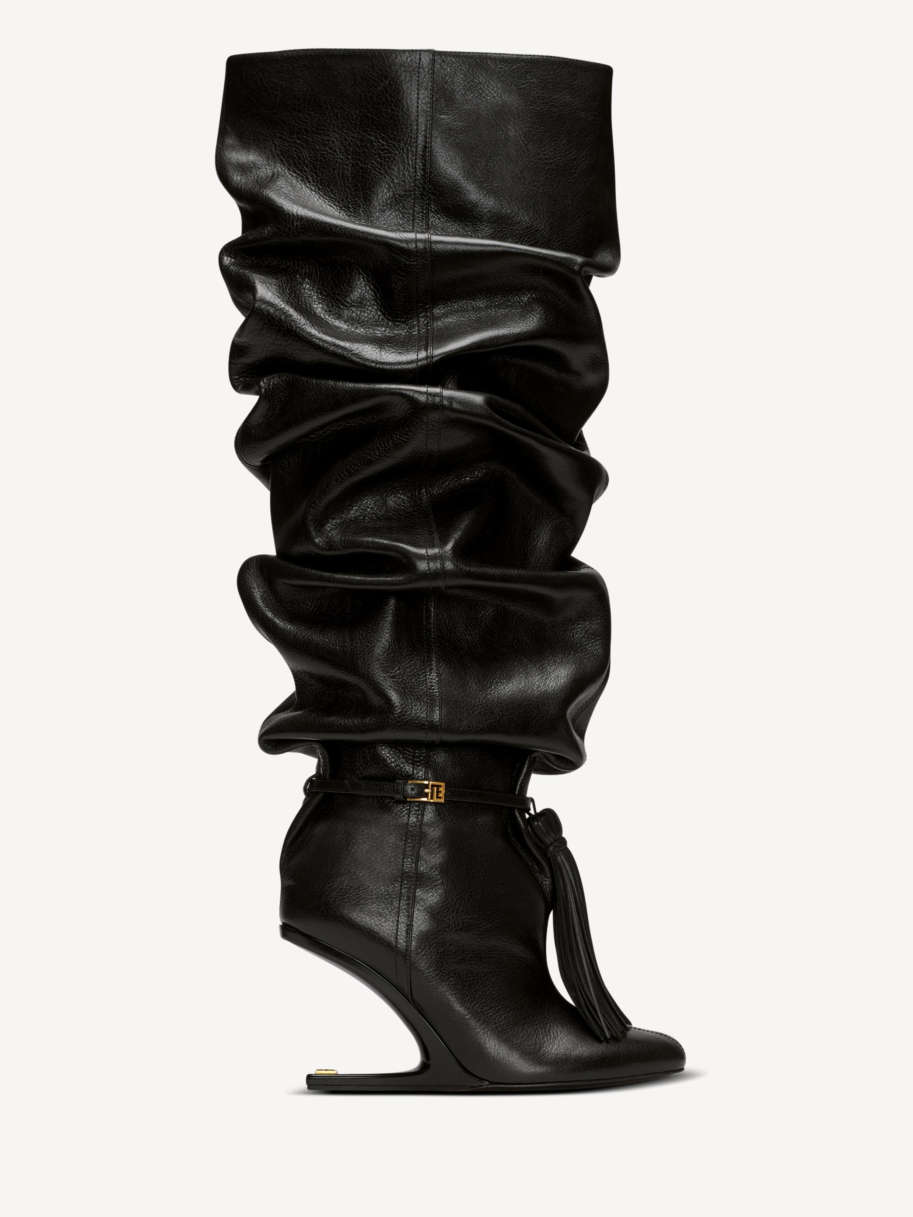 No Wedge textured leather thigh-high boots with tassel black