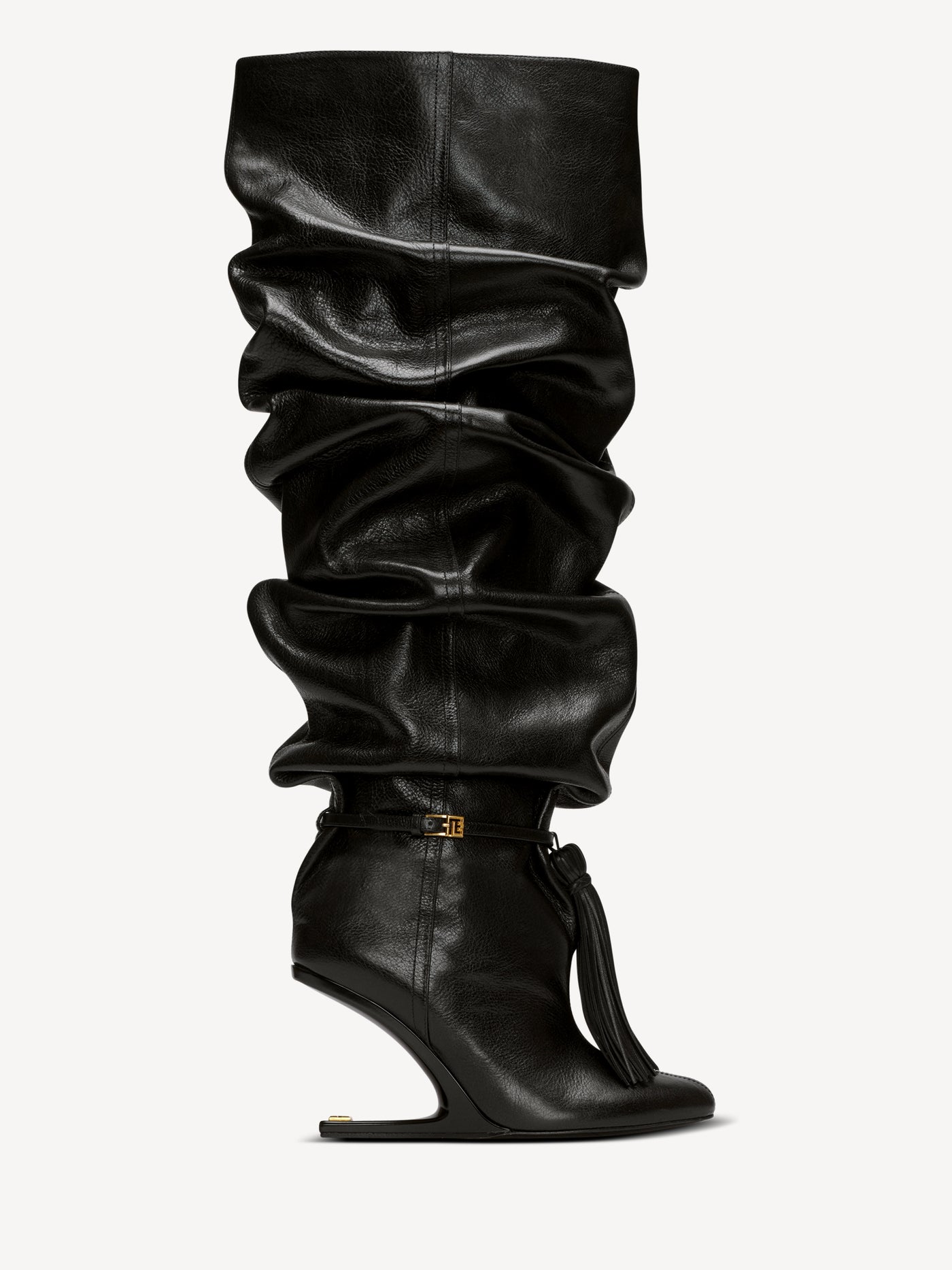 No Wedge textured leather thigh-high boots with tassel
