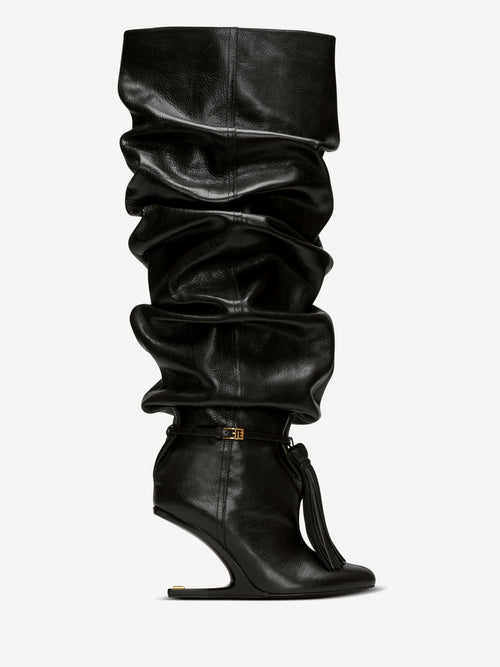 No Wedge textured leather thigh-high boots with tassel