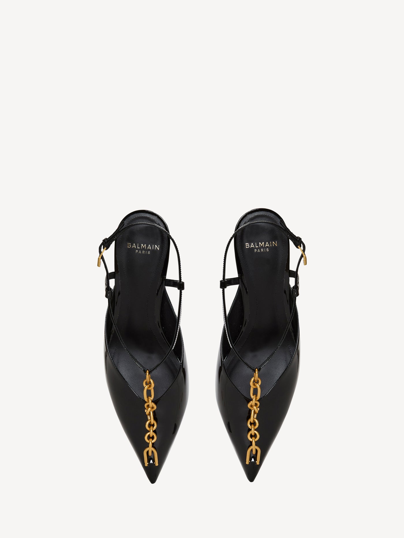 Sync chain kitten slingbacks in patent leather