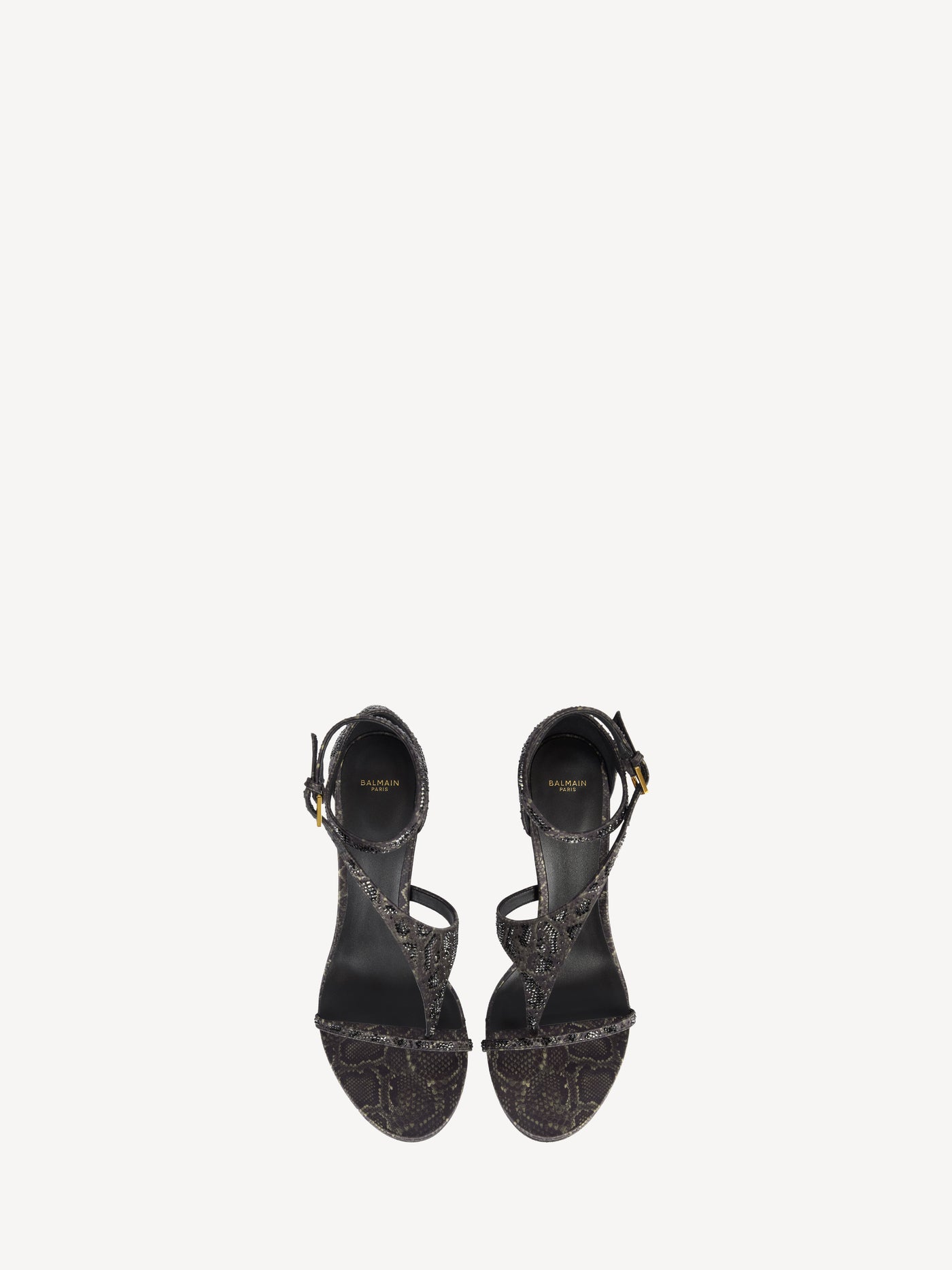 Printed satin toe-post sandals with crystals