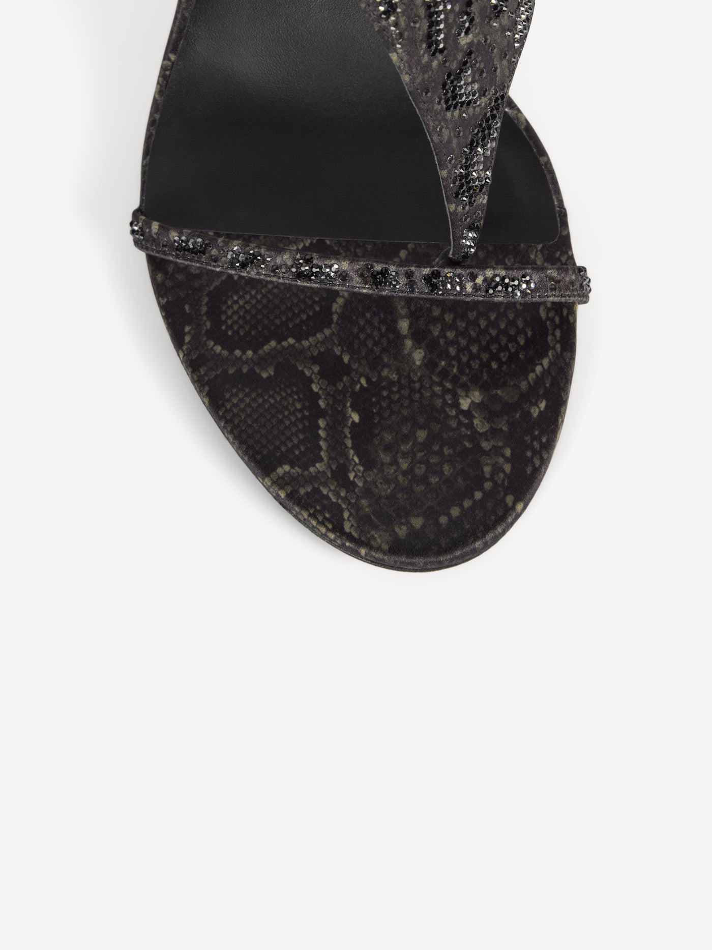 Printed satin toe-post sandals with crystals