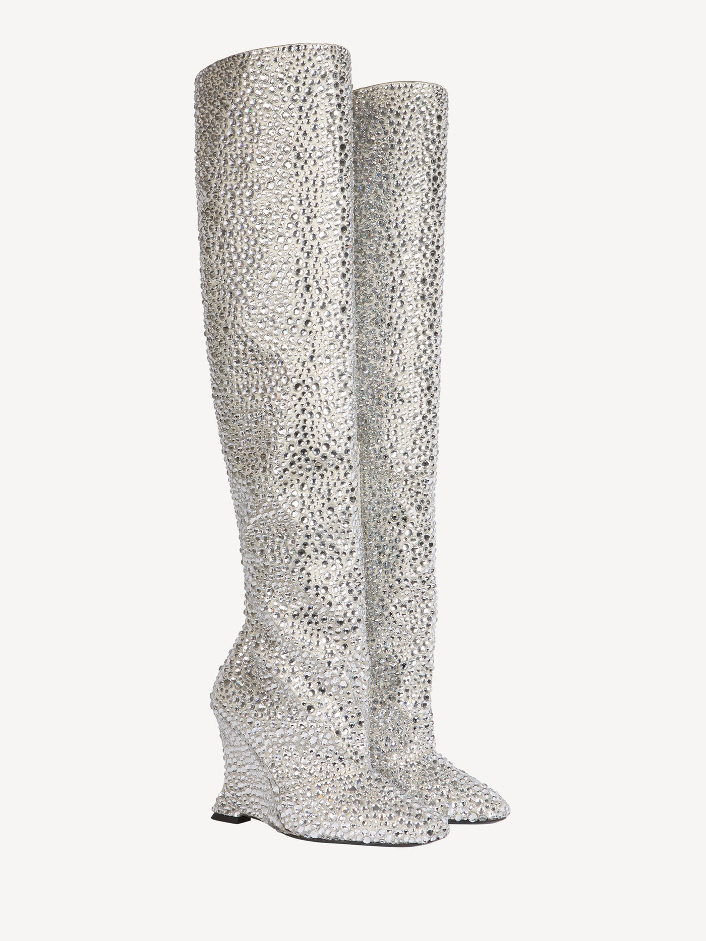 Wedge thigh-high satin boots with crystals