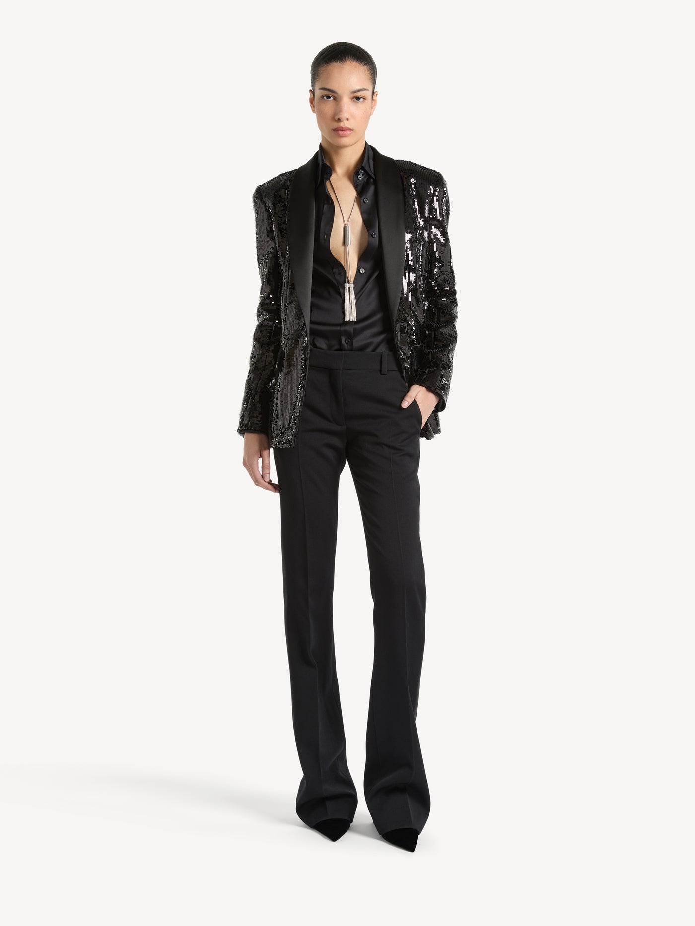 1-button satin jacket with sequins