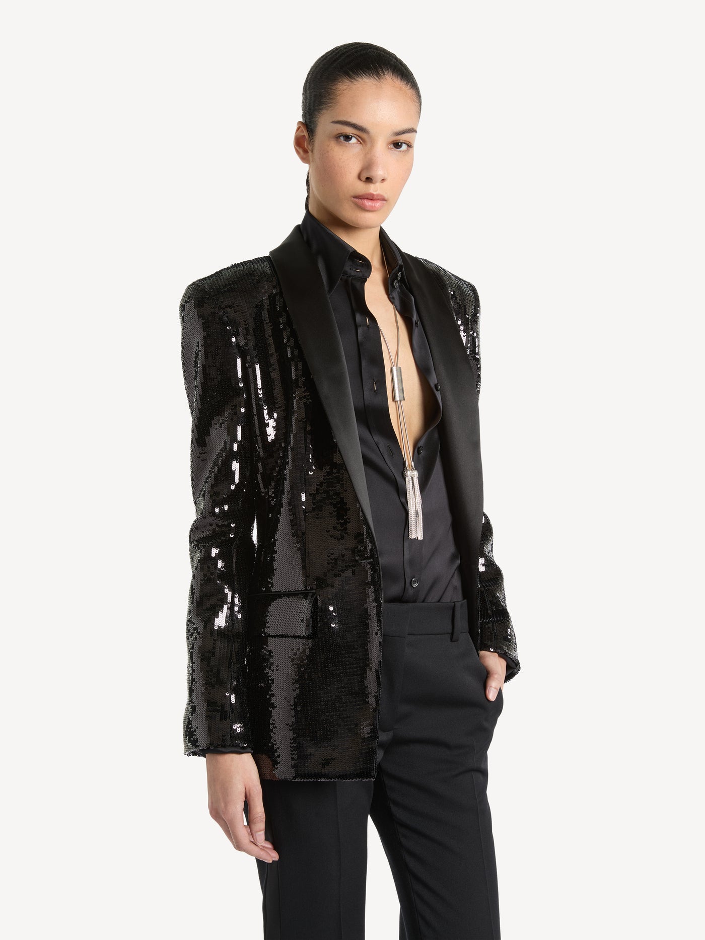 1-button satin jacket with sequins