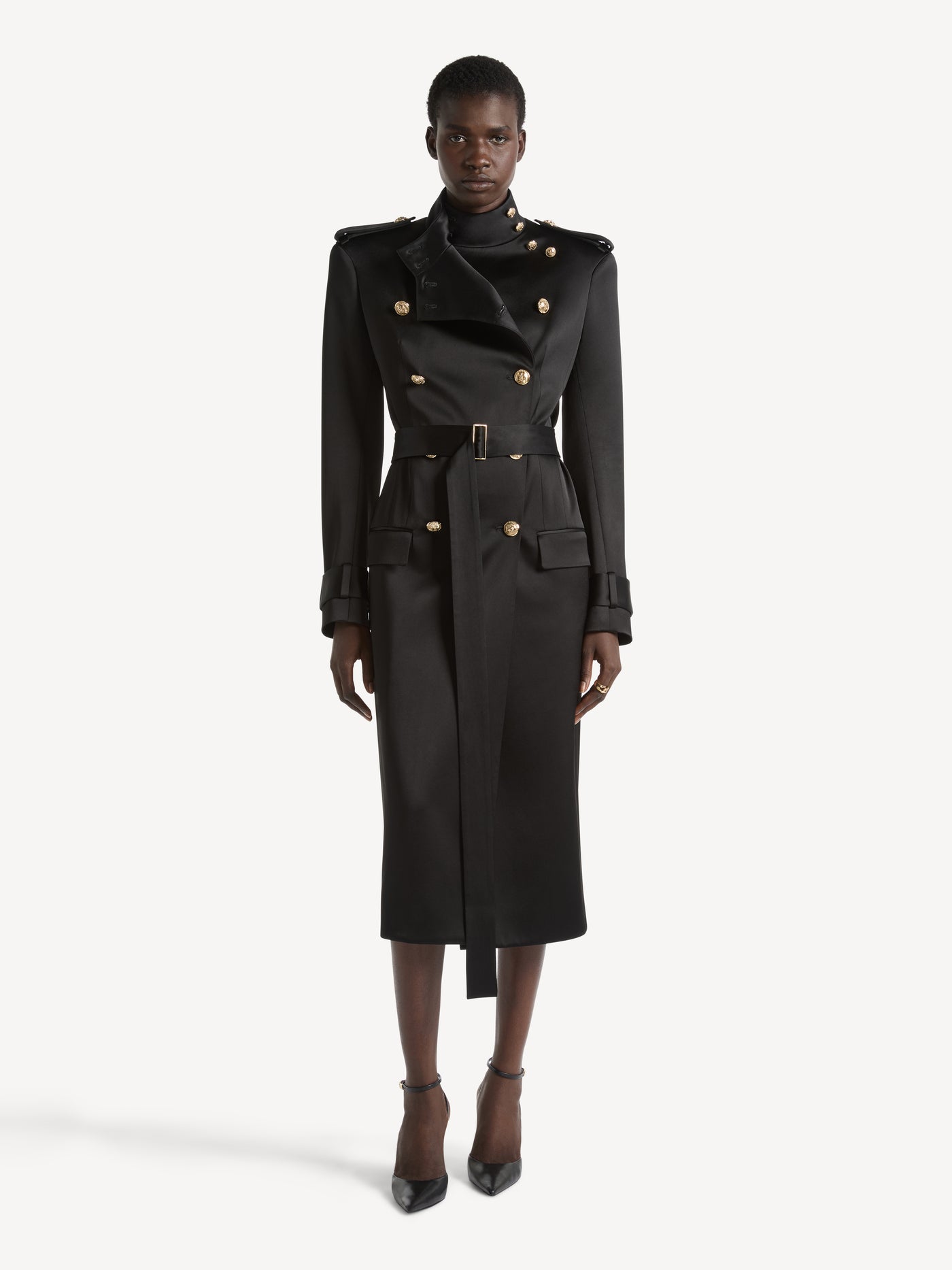 Belted satin crepe coat
